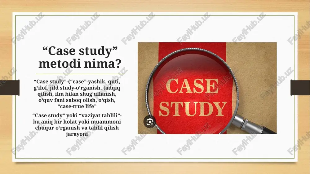 tga moslashgan; case study esa kengroq sohalarda qo‘llaniladi va batafsil tahlilni o‘z ichiga oladi. irac usuli bilan huquqiy kazuslarni tahlil qilish misol:real holatlar asosida irac usuli yordamida huquqiy masalalarni hal qilish. foyda:huquqiy nazariya va amaliyotni birlashtirib, huquqiy bilimlarni kengaytiradi. xulosa: case study va irac usullari o‘ziga xos tahlil qilish qobiliyatlari bilan ajralib turadi. huquqiy kazuslar irac orqali tahlil qilish huquq sohasida qimmatli ko‘nikmalar beradi. har ikkala usul ham turli sohalarda samarali qaror qabul qiluish imkoniyatini beradi. image5.png image6.png image7.jpg image8.jpg image3.png image4.png /docprops/thumbnail.jpeg