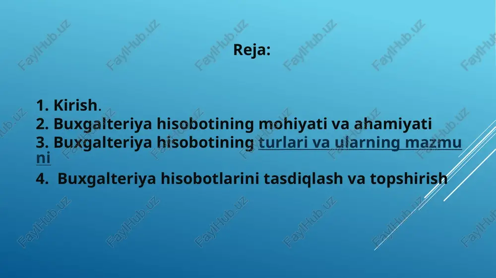 tashkil etadi. xalqaro kompaniyalar buxgalteriya hisobi standartlari xalqaro kengashi tomonidan o'rnatilgan va aqshning gaap bo'lmagan shirkatlari moliyaviy hisobotlarni taqdim etadigan xalqaro moliyaviy hisobot standartlariga amal qiladilar. buxgalteriya hisobi standartlari korxonaning moliyaviy faoliyatining barcha jihatlariga, shu jumladan aktivlar, passivlar, daromadlar, xarajatlar va aktsiyadorlarning kapitaliga tegishli.buxgalteriya standartining o'ziga xos misollariga daromadlarni aniqlash, aktivlarni tasniflash, amortizatsiya qilishning mumkin bo'lgan usullari, amortizatsiya qilinadigan deb hisoblanadigan usullar, lizing tasniflari va ulushlarni hisobga olish kiradi. buxgalteriya hisobotining mohiyati va ahamiyati buxgalteriya hisobida xo’jalik faoliyati natijasida sodir bo’layotgan barcha operatsiyalar hujjatlar asosida qayd qilinib boriladi.. xo’jalikda operativ rahbarlik va mablag’lar harakatini nazorat qilish uchun shu ma'lumotlardan foydalaniladi. lekin tuman, viloyat va respublikamiz tarkkiyotini belgilash uchun har bir xo’jalikning joriy hisob ma'lumotlari xali yetarli emas. chunki har bir xo’jalik buxgalteriya hisobi ma'lumotlari,faqat shu xo’jalik mulki bo’lgan mablag’lar holati va ularning manbaalarini ifodalaydi. misol «asosiy vositalar» schyoti shu xo’jalikda kancha so’mga qanday turdagi asosiy vositalar borligini, ularning operatsiyalari natijasida …
