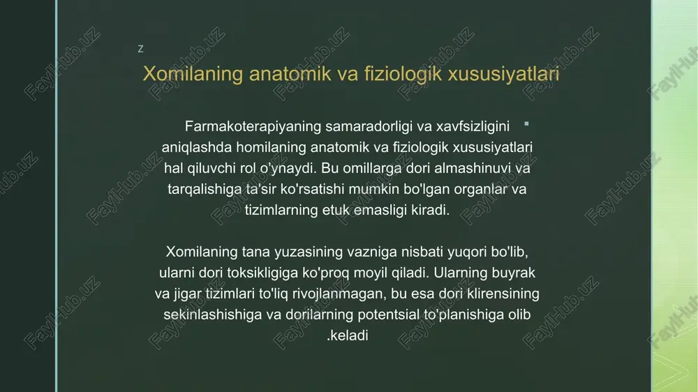 likdan tashqari yangi tug'ilgan chaqaloqlar va chaqaloqlarga ham tegishli. dori-darmonlarni tozalash darajasi, buyrak funktsiyasi va jigar fermentlari bu populyatsiyalarda farq qiladi, bu dori xavfsizligi va samaradorligiga ta'sir qiladi. z yangi tug'ilgan chaqaloqlar uchun farmakoterapiyadagi noyob muammolar z 👉homila, yangi tug'ilgan chaqaloqlar, chaqaloqlar va qariyalarning o'ziga xos anatomik va fiziologik xususiyatlari farmakoterapiyada o'ziga xos muammolarni keltirib chiqaradi. yangi tug'ilgan chaqaloqlar uchun, etuk organ tizimlari va tez o'sish kabi omillar ehtiyotkorlik bilan dori dozasini talab qiladi. 👉yangi tug'ilgan chaqaloqlarda tanadagi suv miqdori yuqori, jigar va buyraklar funktsiyasi kichikroq bo'lib, dori almashinuvi va chiqarilishi kattalarnikidan farq qiladi. ushbu yosh guruhi uchun farmakoterapiya salbiy ta'sirlardan qochish uchun ushbu farqlarni hisobga olishi kerak. 👉keksa odamlarda ko'pincha jigar va buyraklar faoliyati pasayadi, shuningdek, tana tarkibi va metabolizmidagi o'zgarishlar mavjud. ushbu omillar preparatning so'rilishiga, tarqalishiga, metabolizmiga va chiqarilishiga ta'sir qilishi mumkin, bu xavfsizlik va samaradorlikni ta'minlash uchun dori dozasini o'zgartirishni talab qiladi. z chaqaloqlar farmakoterapiyasida yoshga xos …