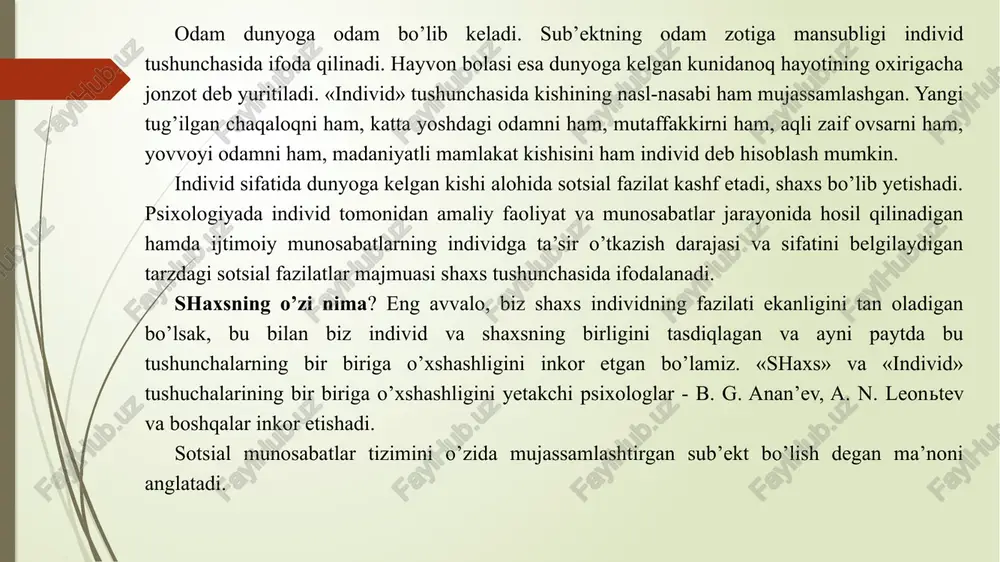 o’lgan jamiyatning a’zosini ifodalashga xizmat qiladi. odam shaxs bo’lishi uchun psixik jihatdan rivojlanishi, o’zini yaxlit inson sifatida his etishi, o’z xususiyatlari va sifatlari bilan boshqalardan farq qilmog’i kerak. “individ” nima? bola ma’lum yoshga qadar “individ” sanaladi. individ (lotincha “individium” so’zidan olingan bo’lib, «bo’linmas», «alohida shaxs», «yagona» ma’nolarini anglatadi) xatti-harakatlarini shartli refleks yordamidagina tashkil eta oluvchi biologik mavjudotdir. individuallik esa shaxsning o’ziga xos xususiyatlari bo’lib, uning namoyon bo’lishi tarbiya jarayonini amalga oshirishda bola shaxsini puxta o’rganish, uning yashash sharoitlaridan yetarli darajada xabardor bo’lish va ularning hisobga olinishini taqozo etadi. individual yondashuv o’quvchilarning aqliy qobiliyatlari, bilishga bo’lgan qiziqish hamda iste’dodini namoyon etishda muhim ahamiyatga ega. bola harakatlari ongli, ijtimoiy munosabatlar jarayonidagi ishtiroki natijasida shakllana boradi. kadrlar tayyorlash milliy modelida shaxs kadrlar tayyorlash tizimining bosh sub’ekti va ob’ekti, ta’lim sohasidagi xizmatlarining iste’molchisi va ularni amalga oshiruvchi sifatida ta’riflanadi. kadrlar tayyorlash sohasidagi davlat siyosati insonni intellektual va ma’naviy-axlohiy jihatdan tarbiyalash, uning har tomonlama rivojlangan …