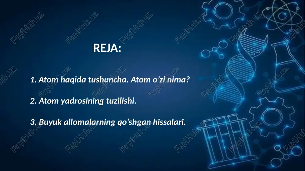 f etdi. elektronlarning sfera markaziga nisbatan tebranganda, atom yorug’lik nurlantiradi. tomson, elektronlar sfera markazi atrofida qatlam bo’lib guruhlanadi deb hisobladi. atom uchun tomson modeli ernest rutherford (1871-1937) tomson taklif etgan modelda atom massasi uning hajmi bo’yicha bir tekis taqsimlangan. bunday farazning xato ekanligini tez orada ingliz fizigi ernest rezerford isbotladi. u 1903-yilda f. soddi bilan birgalikda radioaktiv yemirilish nazariyasini yaratdi va bir element atomining boshqa element atomiga aylanishini isbotlab berdi. 1911-yilda atomning quyosh sistemasiga o’xshash planetar modelini yaratdi. niels bohr (1885-1962) daniyalik yahudiy fizik, hozirgi zamon fizikasi asoschilaridan biri. asosi atomning planetar modelidan, kvant taassurotlaridan va bor postulatiazmidan iborat bo’lgan atom nazariyasini yaratgan. bor atomining bor modelini ishlab chiqdi, unda u elektronlarning energiya darajalari diskret ekanligini va elektronlar atom yadrosi atrofida barqaror orbitalarda aylanishini, lekin bir energiya darajasidan (yoki orbitadan) ikkinchisiga sakrashi mumkinligini taklif qildi. u bir-birini to’ldiruvchilik tamoyilini o’ylab topdi. bor tafakkurida ham fan, ham falsafada bir-birini to’ldirish tushunchasi …