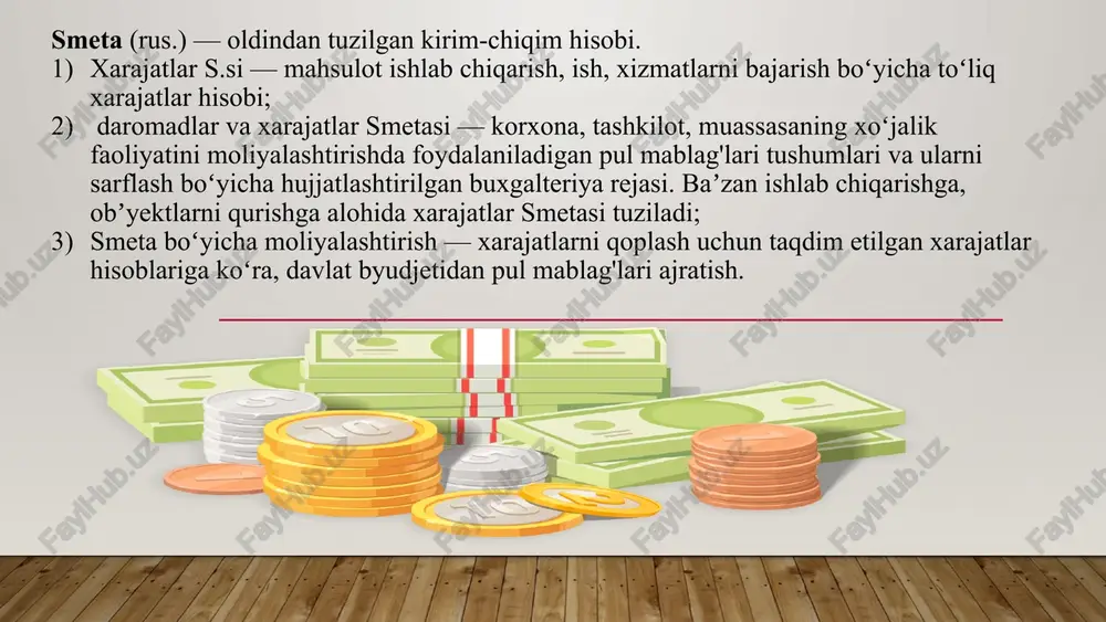 ariga ko'maklashadi; 4. korxona xodimlarini ichki tartib-qoidalarga rioya qilishlarini ta’minlashga xizmat qiladi; 5. korxona alohida bo'linmalari rahbarlarini belgilangan rejalaming bajarilish darajasini baholashlarida asos bo'ladi. bosh byudjet xo‘jalik yurituvchi subyektning barcha bo‘linmalari yoki yo‘nalishlari bo‘yicha muvofiqlashtirilgan ish rejasi hisoblanadi. u ikki asosiy byudjet shakli: tezkor (operativ) va moliyaviy byudjetlarni o‘z ichiga oladi. tezkor (opreativ) byudjet. u shuningdek joriy, davriy byudjet bo‘lib ham sanaladi. tezkor (operativ) byudjet xo‘jalik yurituvchi subyektning alohida yo‘nalishi uchun kelgusi yilga mo‘ljallangan tadbirlarni namoyon etadi. uni tuzish jarayonida rejalashtirilayotgan sotuv va ishlab chiqarish hajmi xo‘jalik yurituvchi subyektda faoliyat yuritayotgan barcha bo‘linmalarning daromadlari va xarajatlarining miqdoriy ko‘rinishiga aylanadi. sotuv byudjeti. kutilayotgan sotuv hajmi eng asosiy ko‘rsatkich bo‘lganligi uchun byudjetni tuzish jarayoni shu ko‘rsatkichni aniqlashdan boshlanadi va uning o‘zgarishi boshqa ko‘rsatkichlarga bevosita ta’sir ko‘rsatadi. tijorat xarajatlari byudjeti. bu byudjetda kelgusida mahsulot va xizmatlarni sotish bilan bog‘liq bo‘lgan barcha kutilayotgan xarajatlar o‘z aksini topadi. ishlab chiqarish byudjeti. rejalashtirilgan sotuv hajmining miqdoriy …
