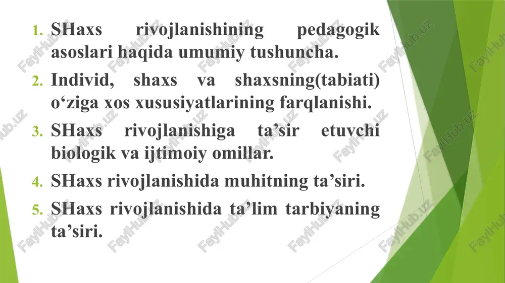 . inson bo‘lib tug‘ilgan har qanday odam ham shaxs bo‘la oladimi? shaxs bo‘lishi uchun nimalar kerak? odamning ijtimoiy mavjudod sifatida shaxsga aylanishi uchun ijtimoiy hayot sharoitlari va maqsadga qaratilgan tarbiya kerak bo‘ladi. ana shular ta’siri ostida odam inson sifatida rivojlanib boradi va shaxsga aylanadi. rivojlanish deb bola vaznining oshishi, suyak va muskul tizimining, jinsiy tanosil a’zolarining, nerv-funksional faoliyatining kamol topishi, aql-zakovatini shakllanishiga aytiladi. “dunyoda mavjud bo‘lgan jami borliq - deb yozgan edi ibn sino, - o‘z tabiatiga ko‘ra kamolot sari intiladi. kamolot sari intilish esa o‘z mohiyati e’tibori ila yaxshilikdir”. ayniqsa inson tirik mavjudod sifatida kamolotga etishga doimo intiladi. mutafakkir a.r.beruniyning da’vosicha, hamma odamlar o‘z qiyofasi jihatidan bir-biriga o‘xshaydi, ammo ayni choqda ular bir-biridan farq qilib turadi. bu tafovut “ular temperamentining tabiat xususiyatlari va hokazolarining ziddiyatli bo‘lishi tufayli ularning instinktlari zamirida yotadi”, deb izohlangan. haqiqatan ham insonlar bir-birlariga umumiy holda uxshaydi, ammo tabiati, tabiiy xususiyatlari, xarakteri bilan bir-birlaridan farq qiadi. …