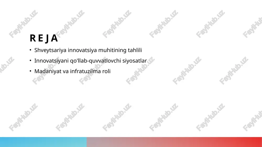 nnovatsiya shveytsariya innovatsiya ekotizimi global miqyosda ilg'or texnologiyalar va tadqiqotlar bilan bog'liq ko'plab muvaffaqiyatli misollarni taqdim etadi. 2 xalqaro hamkorlik shveytsariya, xalqaro tashkilotlar va tadqiqot institutlari bilan hamkorlik qilib, innovatsiyalarni rivojlantirishda global taraqqiyotga hissa qo'shadi. 3 ta'sirli misollar shveytsariyaning farmatsevtika va moliya sohalarida keltirilgan innovatsiyalari, dunyo bo'ylab iqtisodiy o'sishga va raqobatbardoshlikni oshirishga yordam beradi. innovatsiyaning muvaffaqiyatli misollari: shveytsariya tajribasi. shveytsariya innovatsiya sohasida muvaffaqiyatli misollarni taqdim etadi. masalan, life sciences va biotexnologiya sohalarida juda ko'p tadqiqotlar olib borilmoqda. shuningdek, davlatning kuchli ta'lim tizimi va xususiy sektorning hamkorligi innovatsiyalarni qo'llab-quvvatlaydi. photo by jeremy bishop on unsplash shveytsariyada innovatsiyani rivojlantirishga qaratilgan davlat siyosatlari. 1 davlat dasturlari - shveytsariyada innovatsiyani rivojlantirish uchun ko'plab davlat dasturlari mavjud. bu dasturlar tadqiqot, rivojlanish va innovatsion g'oyalarni qo'llab-quvvatlaydi. 2 moliyaviy qo'llab-quvvatlash - innovatsiyalarni rag'batlantirish maqsadida, davlat moliyaviy grantlar va subsidiyalar taqdim etadi. bu, startaplar va tadqiqot institutlariga yordam beradi. 3 o'qitish va malaka oshirish - innovatsion faoliyatni qo'llab-quvvatlash …