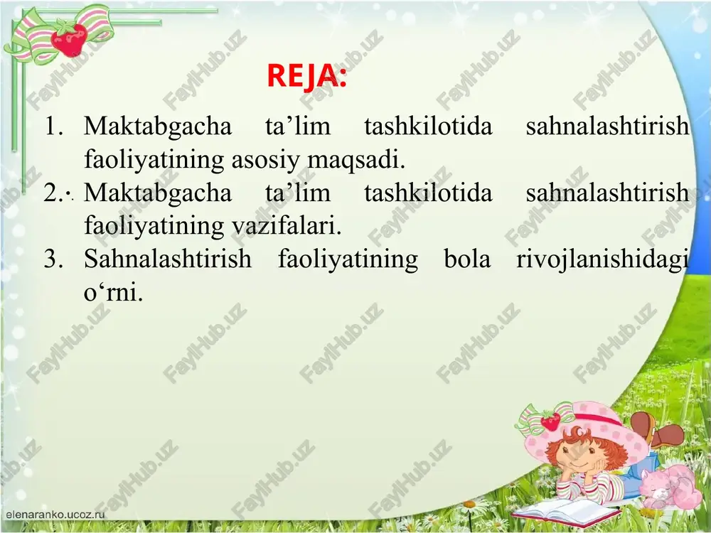 shakllantirish yo‘llarini o‘rganganda, bolalarga berilgan topshiriqlarni 3 bosqichda murakkablashtirib borishimiz mumkin. birinchi bosqichda bolalarga ulardan ijodiy faoliyatda dastlabki yo‘nalishni talab qiladigan topshiriqlar beriladi: tarbiyachining (o‘zing yasa, bir narsa o‘yla, qidirib top, o‘zgartir kabi) ko‘rsatmalari bo‘yicha bolalar pedagog bilan birga ishlab, ijodkorlik elementlarini namoyon etadilar. ikkinchi bosqichda bolalarni aniq maqsadga muvofiq ishlashga va izlanishga da’vat etuvchi topshiriqlar beriladi. bola tarbiyachi bilan birga ishlab, o‘zlashtirgan ko‘nikmalarni kombinatsiyalash va o‘zgartirish mumkinligini tushuna boshlaydi. . uchinchi bosqich — bolani turli faoliyatda fikrlash bo‘yicha mustaqil harakat qilishga, o‘z ishlarini rejalashtirishga, tasvirlash vositalarini tanlashga o‘rgatadigan topshiriqlardan iboratdir. tarbiyachi bolalarga topshiriqni emotsional tarzda tushuntiradi. tarbiyachining izohi bolalarni qiziqtirishi, buning uchun tarbiyachi goho o‘yin elementlaridan, o‘yin harakatlaridan foydalanishi mumkin teatr sahnalashtirish faoliyatining shakllari. teatr - (yunoncha theatron- tomosha joyi, tomosha) tomoshaviy san’atning asosiy turi. teatr san’atining tarkibiy yo‘nalishlari - dramatik teatr, opera, balet, pantomimo va h.k. ko‘rinishlarga ega. ammo hozirgi davrda teatr atamasining mazmuni serqirradir. 1. spektakllar qo‘yish …