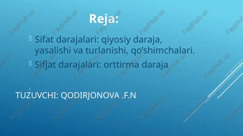 ko‘p plures-ko’proq plurimus-juda ko’p bonus, a, um — yaxshi melior-yaxshiroq optimus-juda yaxshi ma lus, a, um — yomon perior-yomonroq pessimus-juda yomon quyidagi sifatlarni yodlang! anterior, ius — oldingi posterior, ius — orqangi superior, ius — yuqorigi inferior, ius — past k i major, jus — kattaroq minor, minus — kichikroq maximus, a, um — juda ham (eng) kata minimus, a, um — juda ham (eng) kichik optimus, a, um — juda ham (eng) yaxshi uyga vazifa:m.n.boliev’’lotin tili va tibbiyot terminalogiyasi’’197-199 betlar. /docprops/thumbnail.jpeg