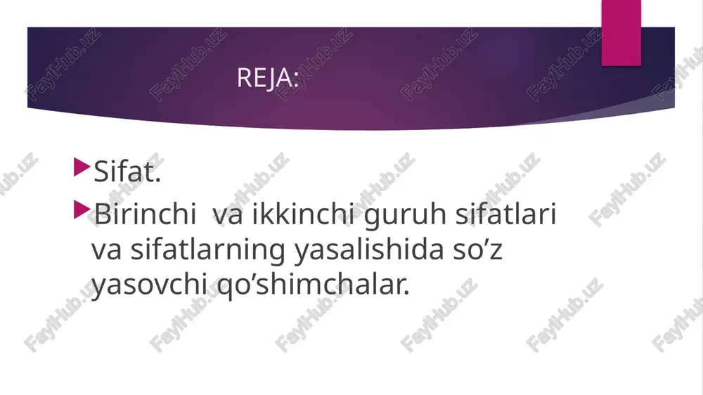 vga serob) squam+osus ( tangachasimon) fibrin + osus (sertola) -icus, -imus, -ideus, -asus, -enthus so‘z yasovchi qo‘shimchalar sifatlarni hosil qilishda qo'llaniladi: pancreat+ icus ( me’da osti beziga oid) palat+imus( tanglayga oid) coll+asus( qavariqli ) purul+entus ( yiringli). quyidagi atamalarni yod oling! acusticus, a, um — eshitishga oid cavus, a, um — kovak, ichi bo ‘sh coccygeus, a, um — dumg’azaga oid coronarius, a, um — tojsimon dexter, tra, trum — o ‘ng sinister, tra, trum —chap externus, a, um — tashqi internus, a, um — ichki gastricus, a, um — m e’daga oid iliacus, a, um — yonboshga tegishl quyidagi mashqni bajaring! 4-mashq. quyidagi sifatlarni lotin tiliga tarjima qiling va lug ‘at shaklida yozing. tojsimon, kovak, chap, yonboshga tegishli, oraliq, keng, chuqur, ko‘ndalang, o'rta. s—m: serqadoq, teri ostiga tegishli, yumshoq, bezsimon, qiyshiq, sersoch, yashirin, sertuk, tishli, g‘ovaksimon, tangachasimon, egri-bugrisimon, sertomir, zaharli, serso‘gal. mavzuni mustaxkamlash uchun savollar. 1. sifatlar necha guruhga …