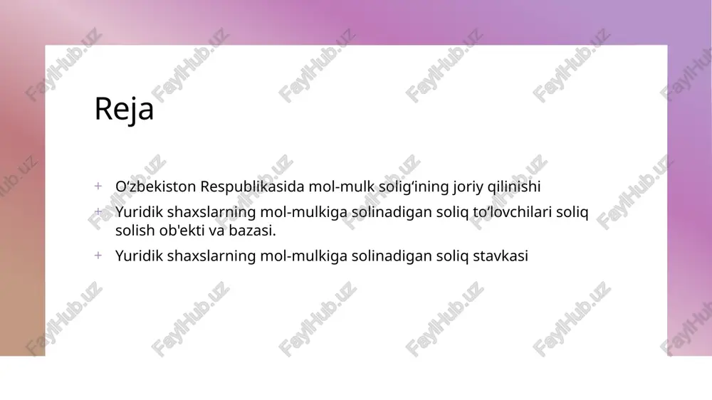 g'ining maqsadi - mol-mulk solig'ining asosiy maqsadi - davlat byudjetini to'ldirish va iqtisodiy barqarorlikni ta'minlashdir. bu soliq, davlat xizmatlarini moliyalashtirishda muhim rol o'ynaydi. 2 iqtisodiy taraqqiyotga ta'siri - mol-mulk solig'i, yuridik shaxslarning investitsiya faoliyatini rag'batlantiradi, iqtisodiy taraqqiyotga hissa qo'shadi va yangi ish o'rinlarini yaratadi. 3 moliyaviy barqarorlik - mol-mulk solig'ining joriy qilinishi, davlat moliyaviy barqarorligini qo'llab-quvvatlaydi, ijtimoiy dasturlarga mablag' ajratishga imkon beradi va iqtisodiy muammolarni bartaraf etadi. yuridik shaxslar uchun mol-mulk soligʻi toʻlovlarining amaliyoti va tajribalari. yuridik shaxslar uchun mol-mulk soligʻi toʻlovlari, ularning moliyaviy faoliyatiga ta'sir ko'rsatadi. o'zbekistonda soliq stavkalari va hisob-kitob mexanizmlari o'zgaruvchan bo'lib, korxonalarning moliyaviy rejalashtirishida muhim rol o'ynaydi. muhim jihatlar: - soliq stavkalari va to'lov muddati. - mol-mulk baholash jarayonlari. - soliq qonunchiligidagi yangiliklar. photo by piggybank on unsplash yuridik shaxslarning mol-mulk solig'i: to'lovchilar va ularning ro'yxati. 1 to'lovchilar ro'yxati yuridik shaxslar mol-mulk solig'ini to'laydigan asosiy to'lovchilar hisoblanadi. ular kompaniyalar, tashkilotlar va boshqa yuridik shaxslarni o'z ichiga …