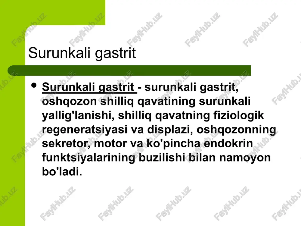 n tanasi, zararli anemiya bilan bog'liq otoimmün kamroq, h. pylori, ovqatlanish odatlari, atrof-muhit omillari maxsus shakllar davomli jadvalga qarang. 7 jadvalning davomi maxsus shakllar sinonimlar etiologiyasi kimyoviy c turi reaktiv reflyuksli gastrit kimyoviy tirnash xususiyati beruvchi moddalar, safro, nsaidlar radiatsiya radiatsion shikastlanishlar limfotsitik, variolomorfik, çölyak kasalligi bilan bog'liq idiopatik immunitet mexanizmlari, kleykovina, h. pylori yuqumli bo'lmagan va boshqa turlari : eozinofil granulomatoz allergik granulomatoz, kron kasalligi, sarkoidoz va boshqalar. 8 ekzogen omillar ovqatlanishning buzilishi (ovqatlanish ritmining buzilishi, ovqatni etarli darajada chaynash, qo'pol, achchiq, issiq yoki juda sovuq ovqatlarni iste'mol qilish, noto'g'ri ovqatlanish) chekish va spirtli ichimliklar kasbiy xavflar ba'zi dori-darmonlarni uzoq muddatli qo'llash 9 endogen omillar surunkali infektsiyalar (og'iz bo'shlig'i, nazofarenks va boshqalar). endokrin tizim kasalliklari (hipotiroidizm, diabetes mellitus) metabolik kasalliklar (semizlik, podagra) oshqozon-ichak kasalliklari avtointoksikatsiya (uremiya) 10 cg patogenezi oshqozon shilliq qavati va uning bezlarining shikastlanishi mahalliy qon tomir kasalliklari glandular epiteliyning regeneratsiyasining buzilishi oshqozon sekretsiyasining buzilishi oshqozon motor …