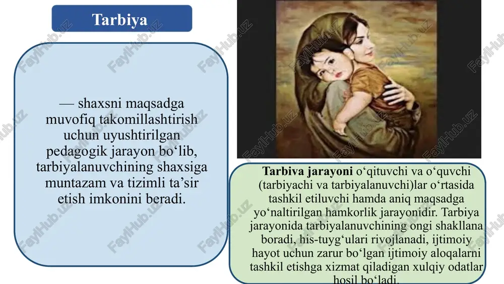 iy vazifalari yoshlarni ijtimoiy hayotga tayyorlash, ularda keng dunyoqarashni tarkib toptirish, o ‘z shaxsiy turmushiga maqsadli yondashuv, reja va amal birligi hissini uyg‘otish o‘quvchilarni milliy va umuminsoniy qadriyatlar mohiyatidan ogoh etish, chuqur bilim va tafakkurga ega yoshlarni tarbiyalash, ularning ongini boyitish; umuminsoniy axloq me’yorlari (odamiylik, kamtarlik, o ‘zaro yordam, mehr-muhabbat, muruvvat, adolatni yoqlash, insonparvarlik, axloqsizlikka nisbatan nafrat va hokazolar)ning mohiyatini anglash, o ‘quvchilarda muomala odobi, yuksak madaniyatni qaror toptirishga erishish; tabiatni muhofaza qilish, ekologik muvozanatni yuzaga keltirish borasidagi mas’uliyatni tarkib toptirish vatanparvarlik va baynalminallik tuyg‘usini shakllantirish, o ‘zga millat va xalqlarni hurmat qilish, ularning huquq va burchlarini kamsitmaslik tuyg'usini qaror toptirish; o‘quvchilarda huquqiy va axloqiy me’yorlarga hurmat ruhida yondashish hissi va fuqarolik tuyg‘usi, ijtimoiy burchga mas’ullikni qaror toptirish; tarbiya tamoyillari tarbiya maqsadining aniqligi. bu shaxsda umumiy madaniyat unsurlari, ya’ni, shaxsning aqliy, axloqiy, jismoniy, estetik, iqtisodiy, ekologik, huquqiy, siyosiy hamda mehnat madaniyatini tarbiyalashdan iborat. bolalar va kattalarning birgalikdagi faoliyati. 0‘qituvchilarning bolalar …