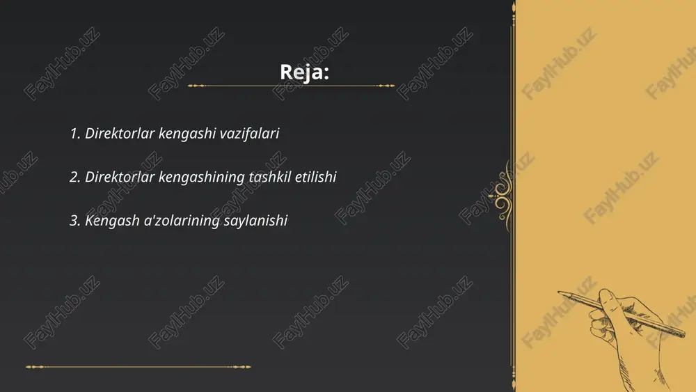 ar vakillaridan tashkil topadi. nomzodlar tegishli taqdimot va ro'yxatga olish jarayonlaridan o'tib saylovda qatnashadilar. saylov natijalari markaziy saylov komissiyasi tomonidan e'lon qilinadi va tasdiqlanadi. ... t.me/slaydai_bot 4. a'zolar soni va tarkibi 4. a'zolar soni va tarkibi turli tashkilot va guruhlarda o'zgarishi mumkin. masalan, oliy majlis qonunchilik palatasi 150 nafar deputatdan iborat. senatda 100 ta senator bor, ulardan 84 nafari viloyatlar va toshkent shahridan saylanadi, qolgan 16 nafari prezident tomonidan tayinlanadi. o'zbekiston milliy universitetida 12 fakultet mavjud bo'lib, har bir fakultetda turli yo'nalishlar va mutaxassisliklar mavjud. shuningdek, aksariyat jamoat tashkilotlari kengashlari yoki qo'mitalari o'z a'zolarini muayyan mezonlar asosida tanlaydi. misol uchun, bir ko'krak bezi saratoniga qarshi kurash guruhida 12-15 nafar ishchi a'zo bor. har bir guruhning tarkibi va soni, bajarilishi kerak bo'lgan vazifalarga bog'liq. ... t.me/slaydai_bot 5. kengash raisi va uning majburiyatlari: kengash raisi kengashning faoliyatini tashkil qiladi va uni boshqaradi. u majlislarni chaqirib, ularga raislik qiladi. rais kengash qarorlarini amalga …