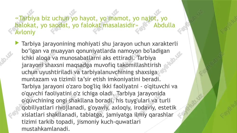 deb qaramaslik; - ikkinchisi - o‘z nafsiga erk bermaslik; - uchinchisi - birovdan ayb qidirmaslik; - to'rtinchisi - yomonlikni yaxshilikka yo‘yishlik; - beshinchisi - agar gunohkor uzr surasa, uzrini qabul qilish; - oltinchisi - muhojirlar hojatini chiqarish; - yettinchisi - el g'amini yeish; - sakkizinchisi - o‘z aybini tan olish; - to‘qqizinchisi - el bilan ochiq yuzli bo‘lish; - o'ninchisi - odamlar bilan shirin muomalada bo‘lish. «xushxulqlik, yaxshi muomala, shirin so'zlilik va olijanoblik - tarbiyalanganlikning asl belgilaridan», - deb ta’kidlaydi g‘aybulioh as-salom. «xushxulqli, yaxshi tarbiya ko'rgan kishi yaqinlari, yoru do‘stlari uchun misli o‘chmas chiroqdir»,- deb yozadi servantes. «tarbiyalanganlik-jamiyatda qabul qilingan axloqiy normalarga bo'ysunish va o‘zgalaming nafratini qo‘zg‘atadigan xatti-harakatlardan o‘zini tiya bilish” 2. abdulla avloniyning fikricha: «...xulq-nafsning sur’ati» bo‘isa, hamza hakimzodaning ta’riflashicha: «axloq xulqni ja’midur. axloq ikki qism bo‘lur. biri axloqi husniya (yaxshi xulqlar), ikkinchisi axloqi zamima (yomon xulqlar)dur. axloqi husniya insoniyat olamining bir gulshanidirki, anda hayo, qilm, saxo, qanoat, rizo, …