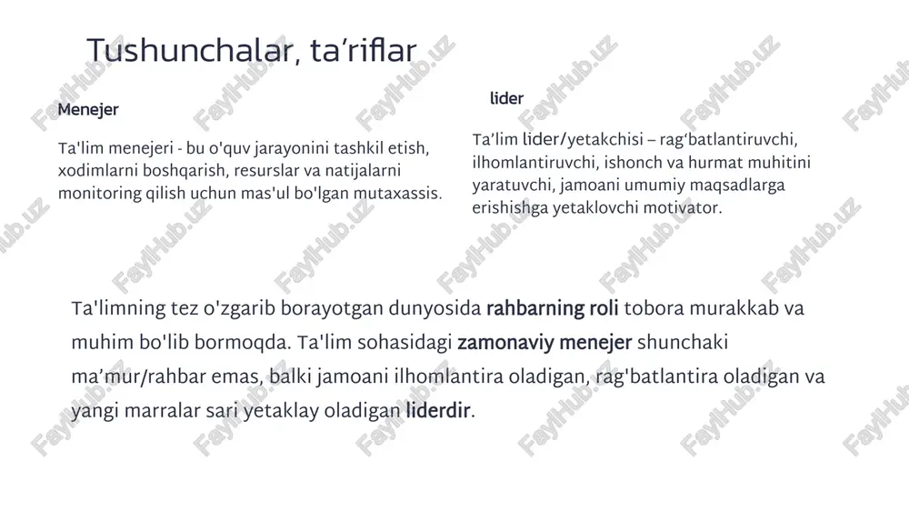 oqot o'z fikrini aniq va qisqa ifodalash, til/nutqni tinglovchilarga moslash qobiliyati. qaror qabul qilish vaziyatni tahlil qilish, barcha omillarni aniqlash, faktlar va mantiqqa asoslangan optimal echimni tanlash. 5 ta'lim tashkilotida moliyaviy va strategik rejalashtirish 1 ehtiyojlarni tahlil qilish maqsad va vazifalarni aniqlash, mavjud resurslarni tahlil qilish, kelajakdagi ehtiyojlarni bashorat qilish. 2 byudjetni rivojlantirish xodimlar, o'quv materiallari, infratuzilma, tadbirlar va boshqa zarur resurslar uchun xarajatlarni rejalashtirish. 3 byudjet ijrosini nazorat qilish xarajatlarni muntazam monitoring qilish, rejadan chetlanishlarni tahlil qilish, byudjetga tuzatishlar kiritish. 4 strategik rejalashtirish uzoq muddatli rivojlanish strategiyasini ishlab chiqish, o'zgarishlarni bashorat qilish, yangi voqelikka moslashish. 6 ta'lim jarayoniga yangilik va o'zgarishlarni kiritish yangi texnologiyalarni o'rganish yangi raqamli vositalar va platformalar bilan tanishish, ularni o‘quv jarayoniga tatbiq etish. loyihaga asoslangan ta'limni rivojlantirish mustaqil ishlashni rag'batlantirish, ijodiy qobiliyatlarni rivojlantirish, olingan bilimlarni amaliyotda qo'llash. o'qitishning yangi usullarini joriy etish zamonaviy pedagogik yondashuvlardan foydalanish, ta'limning amaliy yo'nalishiga e'tibor berish, har bir o'quvchiga individual …