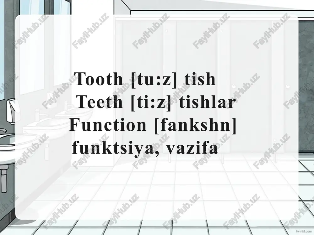 if they have any wisdom teeth. inside a tooth crown [kraun] toj the part of the tooth above the gum that you can see. root [ru:t] ildiz the part of the tooth hidden under the gum. enamel [inaeml] emal the shiny, white surface of a tooth. enamel is the hardest substance in the human body. dentine [denti:n] qattiq modda a hard substance which protects the inside of the tooth. pulp [palp] bo`tqa the part of the tooth which contains blood vessels and nerves. the blood vessels keep the tooth alive. the nerves send messages to your brain, for example whether you are eating something very hot or very cold. cementum [simentum] sement the layer which covers and protects the root of the tooth. crown root enamel dentine pulp cementum image2.jpeg image3.png image4.png image5.png image6.png image7.png image8.png image1.jpeg