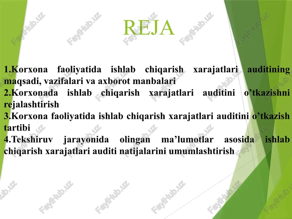 iqlangan «mahsulot(ish,xizmat)larni ishlab chiqarish va realizatsiya xarajatlarining tarkibi hamda moliyaviy natijalarni shakllantirish tartibi to’g’risidagi nizom» bo’lib hisoblanadi. moliya-xo’jalik faoliyati bilan bog’liq barcha xarajatlar quyidagilarga guruhlanadi: 1. mahsulotning ishlab chiqarish tannarxiga kiritiladigan xarajatlar: a) bevosita va bilvosita moddiy xarajatlar; b) bevosita va bilvosita mehnat xarajatlari; v) boshqa bevosita va bilvosita xarajatlar, shu jumladan ishlab chiqarish xususiyatiga ega bo’lgan ustama xarajatlar; xarajatlar guruhlanishi 2. ishlab chiqarish tannarxiga kiritilmaydigan, biroq asosiy faoliyatdan olingan foydada hisobga olinadigan hamda davr xarajatlariga kiritiladigan xarajatlar: a) sotish xarajatlari; b) boshqarish xarajatlari (ma’muriy sarf-xarajatlar); v) boshqa operatsion xarajatlar va zararlar; barcha xarajatlar qo’yidagi belgilar asosida kategoriyalarga turkumlanadi: boshqaruv sohasidagi roli bo’yicha; xarajatlarni nazorat qilish darajasi bo’yicha; xarajatning funktsional o’zgarishi bo’yicha; iqtisodiy mazmuni bo’yicha; kalkulyatsiya moddalari bo’yicha; xarajatlarning hisobi va mahsulot tannarxiga kiritilishi bo’yicha boshqaruv sohasidagi roli bo’yicha xarajatlar ikki guruhga birlashtirilgan: a) ishlab chiqarish xarajatlari; b) noishlab chiqarish xarajatlari. ishlab chiqarish xarajatlari bevosita mahsulot ishlab chiqarish bilan bog’liq. …