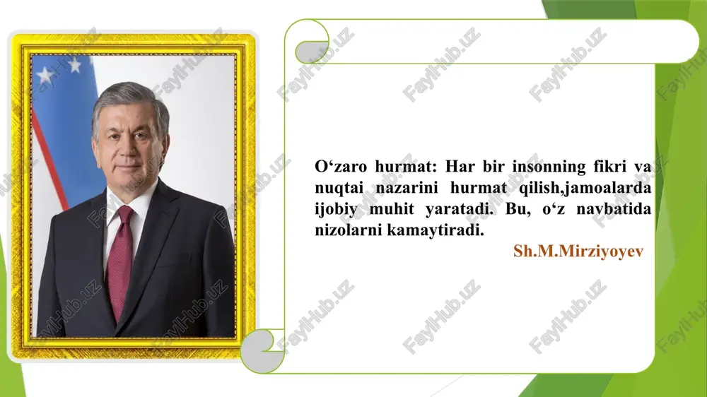 oldini olish va bartaraf etishning innovatsion, hamda samarali yo‘llarini tadbiq qilish. 2-vazifa nizolarning kelib chiqish sabablari – xodimlarning shaxsiy manfaatlari, noto‘g‘ri tushunish, kommunikatsiya muammolari va boshqa omillarni aniqlash. 4-vazifa xodimlarni nizolarni hal qilishda ko‘nikmalarga ega qilish uchun treninglar va seminarlar tashkil etish. mavzuga oid adabiyotlar tahlili 1 2 3 karimov k. "nizolarni boshqarish: milliy amaliyot va nazariya" (2020).2. “ta'limda shaffoflik va korrupsiyaga qarshi kurash”(ismoilov, 2022). toshmatov a. "jamoa psixologiyasi: an’anaviy va zamonaviy yondashuvlar" (2018). yoqubov u. "ijtimoiy kommunikatsiya va uning murakkabliklari" (2019) 1 2 3 o‘zbekiston respublikasi fuqarolik kodeksi: jismoniy shaxslar o‘rtasidagi huquqiy nizolarni hal qilish uchun asos. xalqaro mehnat tashkiloti nizomlari: xalqaro tajribadan foydalanish uchun asosiy hujjatlar. oʻzbekiston respublikasi mehnat kodeksi. xodimlar o‘rtasidagi mehnat munosabatlarini tartibga soladi va nizolarni hal qilish qoidalarini belgilaydi.(7-bo‘lim 34-bob) me’yoriy-huquqiy hujjatlar: o‘zbekiston respublikasi konstitutsiyasi 30.04.2023- yil mavzu yuzasidan xorijiy davlatlar tajribalari. xitoyda jamoa o‘rtasidagi nizolarni hal qilishda an’anaviy qadriyatlar va konfutsiylik tamoyillari asosida harakat …