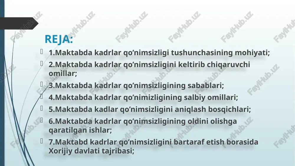 adrlar qo’nimsizligini aniqlash bosqichlari kadrlar qo’nimsizligini darajasini aniqlash qo’nimsizlik natijasida kelib chiqqan muammolarni aniqlash maktabda kadrlar qo’nimsizligini kamaytirishga qaratilgan ishlar tizimining samaradorligini aniqlash qo’nimsizlik sabablarini aniqlash maktabda kadrlar qo’nimsizligini kamaytirishga qaratilgan ishlar tizimini yaratish maktabda kadrlar qo’nimsizligini oldini olishga qaratilgan ishlar 1.mexnat sharoitlari va unga xaq to’lashni yaxshilash 2.ijtimoiy imtiyozlar borasida samarali siyosat yuritish 3.xodimlarni ishdan tashqari vaqtda va dam olish kunlari ishlashga majbur qilmaslik 4.maktabda jamoa bo’lib qaror qabul qilish amaliyotiga kiritish, xodimlar o’z so’zlarini amaliyotga kiritish, o’qituvchilar o’z so’zlarini salmog’ini xis qilishlari uchun sharoit yaratib berish maktabda kadrlar qo’nimsizligini oldini olishda xorijiy davlati tajribasi aqsh tajribasi aqshning ko’plab shtatlari o’qitish xizmati uchun rag’batlantirishlar taqdim etish va qarzdan kechish bo’yicha qanun taklifi kiritgan. 2017-yilda esa kolorado shtati qonun chiqaruvchi o’rgani pensiyaga chiqqan o’qituvchilarni pensiyasiga ta’sir qilmagan holda qayta ishga olish qonunini qabul qildi qozog’iston tajribasi “diplom bilan qishloqga” tashabbusini isloh qilishga qaratilgan chora tadbirlarga muvofiq.chekka qishloqlardagi maktablarda kadrlar qo’nimsizligini …
