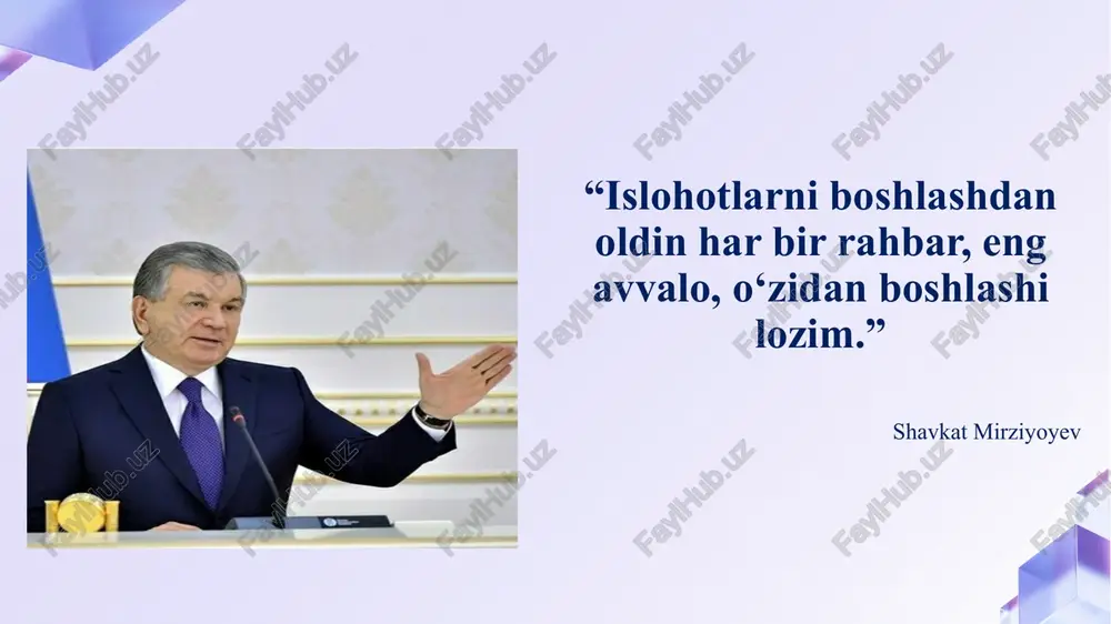 likasi prezidentinig farmoni oʻzbekiston respublikasi xalq taʼlimi tizimini 2030-yilgacha rivojlantirish konsepsiyasini tasdiqlash to‘g‘risida” 2019-yil 29-aprel, pf-5712 o‘zbekiston respublikasi vazirlar mahkamasi 2023-yil 25- dekabrdagi 681-sonli qarori. mavzuga oid meʼyoriy-huquqiy hujjatlar tailandda maktab direktorlarining malakasini oshirish uchun maxsus akademiyalar mavjud. uzoq muddatli rejalashtirish va monitoring tizimi joriy etilgan. raqamli texnologiyalar maktab menejmentiga faol joriy qilinadi. maktab direktorlarining o‘z-o‘zini rivojlantirish strategiyasi ta'lim sifatini oshirishga qaratilgan bo‘lib, innovatsion metodlarni, liderlikni va jamoaviy ishlashni rivojlantirishga yo‘naltirilgan. avstraliyada maktab direktorlari o‘z-o‘zini rivojlantirish strategiyasini ishlab chiqishda bir nechta asosiy yo‘nalishlar va metodlardan foydalanadilar. maktab direktori sifatida samarali faoliyat yuritish uchun ularning professional va shaxsiy rivojlanishiga doimiy e'tibor qaratish zarur. direktorlarning rivojlanishi uchun davlat tomonidan maxsus grantlar ajratiladi. har yili baholash tizimi orqali direktorlarning kasbiy rivojlanishi nazorat qilinadi. shvetsiyada maktab direktorlarining oz-‘o‘zini rivojlantirish strategiyasida o‘quvchilarning rivojlanishi va ta'lim sifatini yaxshilashga katta e'tibor qaratiladi. direktorlar o‘quvchilarning ehtiyojlarini tushunish va ularni qo‘llab-quvvatlashni o‘rganadilar. direktorlar uchun “uzluksiz kasbiy rivojlanish” dasturlari mavjud. …