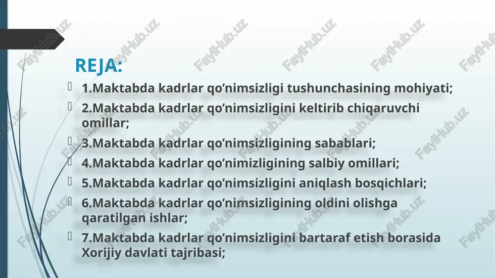 moddiy motivatsiyaning yo’qligi cho’ziluvchan va noqulay ish vaqtlari shaxslararo nizolar og’ir psixologik vaziyat jinsiy va irqiy kamsitishlarning mavjudligi nazoratning o’ta kuchliligi qo’nimsizlikni tahlil qilishda quyidaagilarni hisobga olish lozim xodimning yoshi xodimning malakasi xodimning yashash joyi ish vaqtining uzoq vaqt davom etishi va noqulayligi maktabda kadrlar qo’nimsizligini oldini olishga qaratilgan ishlar 1.mexnat sharoitlari va unga xaq to’lashni yaxshilash 2.ijtimoiy imtiyozlar borasida samarali siyosat yuritish 3.xodimlarni ishdan tashqari vaqtda va dam olish kunlari ishlashga majbur qilmaslik 4.maktabda jamoa bo’lib qaror qabul qilish amaliyotiga kiritish, xodimlar o’z so’zlarini amaliyotga kiritish, o’qituvchilar o’z so’zlarini salmog’ini xis qilishlari uchun sharoit yaratib berish maktabda kadrlar qo’nimsizligini oldini olishda xorijiy davlati tajribasi aqsh tajribasi aqshning ko’plab shtatlari o’qitish xizmati uchun rag’batlantirishlar taqdim etish va qarzdan kechish bo’yicha qanun taklifi kiritgan. 2017-yilda esa kolorado shtati qonun chiqaruvchi o’rgani pensiyaga chiqqan o’qituvchilarni pensiyasiga ta’sir qilmagan holda qayta ishga olish qonunini qabul qildi qozog’iston tajribasi “diplom bilan qishloqga” tashabbusini isloh …