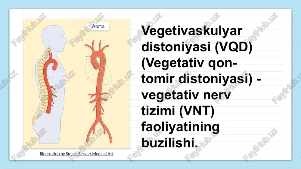 yishi bilan kechadigan) -giperkinetik( qon bosimining oshishi, gipertoniya kasalligi kabi belgilar kuzatilishi ) - aralash( har ikkala turning belgilari almashinib keladi) illustration by smart-servier medical art diagnostika kompyuter tomografiyasi endoskopik tadqiqot usullari reovasografiya (rvg) kundalik ekg monitoringi (xolter) elektrokardiografiya (ekg) elektroansefalografiya (eeg) davolash vegeto-tomir distoniyasini davolash: preparatlar: tinchlantiruvchi: bromidlar, valeriana, do‘lana. yurak-qon tomir: asparkam, β-adrenoblokatorlar, vinpotsetin. mat: antidepressantlar (grandaksin), neyroleptiklar (sonopaks), uyqu chaqiruvchi vositalar (sonnat). vsd ni davolashda maxsus guruh nootropik preparatlardan (nootropil, piratsetam kabi) iborat bo'lib, ular miyaning energiya jarayonlarini va qon bilan ta'minlanishini yaxshilash, miyaning kislorod ochligiga chidamliligini oshirish qobiliyatiga ega. ushbu dorilar intellektual funktsiyalarni faollashtiradi va miya xotirasini yaxshilaydi. tab. piratsetam 0.2 d.s . 1tab x2 mahal 1oy tab. valeriana 0.05 1 tab x 1mahal tab novapassid 1 tabx 3mahal 7-14kun tab asparkam 1 tab x 2mahal 20 kun heart valve surgery vsd tashxisi uchun kardiolog, terapevt va nevrolog maslahatlari zarur. quyidagi usullardan foydalaniladi: tekshiruv natijalariga ko‘ra …