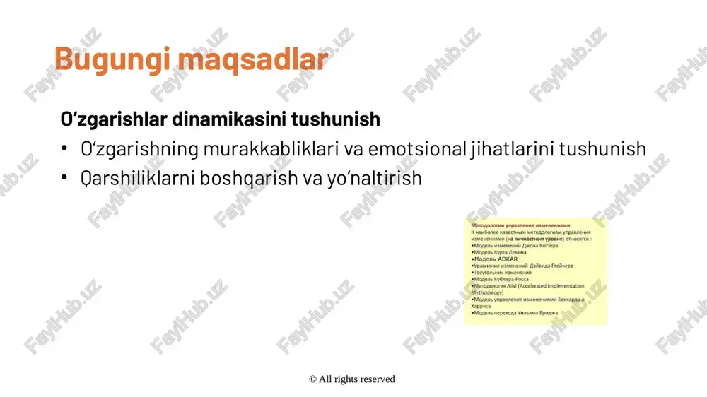 da o’zgarish bilan bog‘liq bo‘lgan hissiy qiyinchilik tasvirlangan. ushbu hissiyotlarni tan olish muhim chunki ular jarayonning tabiiy bir qismidir. “har ishning boshi qiyin!” iborasi bizga o‘zgarishlar yo‘li qiyinligini, biroq ushbu yo‘l sezilarli o‘sish va rivojlanishga olib borishi ham mumkinligini eslatadi. boshlang‘ich noqulayliklar yaxshiroq natijalarga erishish yo‘lidagi sayohatning bir qismi hisoblanadi. rahbarlar sifatida biz o‘zgarishlarning qiyinchiliklari xodimlarimizda qarshilik kayfiyatini keltirib chiqarishini tushunishimiz kerak. ularni ushbu jarayonda qo‘llab-quvvatlash, uning uzoq istiqbolli foydalarini ko‘rishga yordam berish, zaruriy resurslar bilan ta’minlash va sabr qilishga targ‘ib qilish bizning burchimizdir. 5 o‘zgarasizmi yoki o‘limni afzal bilasizmi? axmoqona savoldek tuyuladi. ammo ushbu savol sizga berilsa, sizning javobingiz qanday bo‘ladi? 6 90% insonlar o‘zgarishni istashmaydi alan deutschman o‘zining “o‘zgar yoki o‘l!” (change or die) nomli asarida hayratlanarli statistikani ochiqlaydi: hatto hayot uchun xavfli tashxis qo‘yilgan, yurak xastaligi bilan og'rigan odamlarning 90% hayot tarzini o'zgartirmaslikni tanlaydi. yaqqol xavfning mavjudligiga qaramay, ko'pchilik o'z hayotini saqlab qolishi mumkin bo'lgan o'zgarishlarga qarshilik …