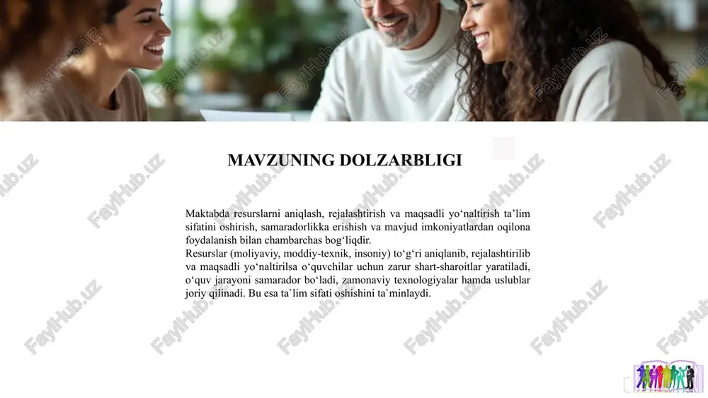asosiy maqsad – taʼlim jarayonining samaradorligini oshirish, mavjud imkoniyatlardan oqilona foydalanish hamda o‘quvchilarning har tomonlama rivojlanishini taʼminlash orqali sifatli ta`limni tashkil etish. 5 vazifa resurslarni tahlil qilish va aniqlash maktabdagi mavjud moddiy-texnik bazani (binolar, jihozlar, texnika), inson resurslarini (o‘qituvchilar, yordamchi xodimlar), moliyaviy manbalarni (budjet va homiylik mablag‘lari) aniq hisobga olish. 1 rejalashtirish asosida resurslarni taqsimlash zarur resurs miqdorini aniqlab, ularga ehtiyojga mos reja tuzish. ustuvor yo‘nalishlarga qarab rejalashtirishni tashkil etish. 2 barqaror rivojlanishni ta'minlash resurslarni uzoq muddatli ehtiyojlar asosida strategik rejalashtirish orqali maktabning izchil rivojlanishini ta'minlash. 3 resurslarni maqsadli yo‘naltirish resurslarni aniq maqsadlar (masalan, stem yo‘nalishlarini rivojlantirish, raqamli ta’limni kengaytirish, sport infratuzilmasini yaxshilash) asosida yo‘naltirish. resurslar samarasiz ishlatilishini oldini olish. 4 6 xorijiy tajriba o`rganilganligi singapur ta'lim tizimi moliyaviy shaffoflik: maktablar o'z moliyaviy resurslarini aniq belgilab, ularni qanday sarflayotganini ommaviy axborot vositalari orqali e'lon qiladilar. bu o'quvchilar va ularning ota-onalari uchun maktab faoliyatining moliyaviy jihatlarini tushunishni osonlashtiradi. xitoy ta'lim dasturlarini …