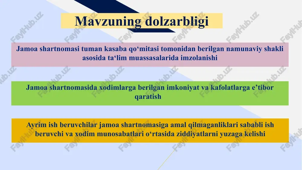 avzuga oid adabiyotlar 1. o‘zbekiston respublikasining “pedagogning maqomi to‘g‘risida”gi qonun (o‘rq-901-son 01.02.2024-y.) 2.kasaba uyushmalari to‘g‘risida (o‘rq-588-son 06.12.2019-y.) 3.maktab jamoa shartnomasi (2023-y.) 1."the role of collective bargaining in the global economy" tahrirchi: susan hayter 30-may 2011-yil. 2."the legal structure of collective bargaining in education" muallif: kenneth ostrander 16-oktabr 1987-yil. 3."collective bargaining in education: an historical perspective" muallif: thomas a. eaves 1979-yil. mahalliy adabiyotlar: xorijiy adabiyotlar: mavzu yuzasidan xorijiy tajribalarni o‘rganilganligi yaponiya yaponiya maktablarida jamoa shartnomasi tushunchasi gʻarbdagi an’anaviy “mehnat shartnomasi” kabi keng tarqalmagan boʻlsa-da, muayyan jihatlarda o‘xshash maqsadga xizmat qiladi. bu kabi shartnomalar ko‘proq ish joylarida — xususan, o‘qituvchilar kasaba uyushmasi bilan maktab ma’muriyati o‘rtasidagi kelishuvlar shaklida mavjud. germaniya germaniya maktablarida jamoa shartnomasi ta’lim tizimining muhim bir qismini tashkil etadi, ayniqsa davlat maktablarida ishlovchi o‘qituvchilar va boshqa xodimlar uchun. bu shartnomalar germaniyaning federativ tuzilishi va har bir federal yerning o‘z vakolatlariga ega ekanligi sababli biroz farq qiladi, ammo umumiy jihatlari quyidagicha …