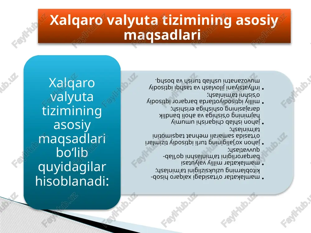 sh majburiyati yuklatildi, ikkinchidan, alohida shaxslar uchun oltinni eksport va import qilish huquqining mavjudligi edi. odatda, pul-kredit muassasalari tanga zarb qilish xarajatlarini qoplash uchun oltinni sotish va sotib olish narxlari o‘rtasida ma’lum bir farqni o‘rnatgan edilar. ushbu davrda oltin andozasining uchta shakli muomalada bo‘ldi: oltin andozasining 3 ta shakli oltin quyilma andozasi. bu bosqichda oltin tangalar muomalada bo‘lmadi hamdva ularni erkin tarzda zarb qilish amalga oshirilmadi, pul-kredit muassasalarining majburiyati esa oltin quyilmalarni sotishdan iborat bo‘ldi. oltin tanga andozasi. mazkur bosqichda oltin tangalar faol tarzda muomalada o‘rin egalladi. oltin valyuta andozasi. ushbu bosqichda pul-kredit muassasalari milliy pullarni xorijiy valyutalarga oltin andozasi asosida almashtirdilar. oltin andozasi tizimining o‘ziga xos bo‘lgan tomonlari quyidagicha edi: 2. 1. har bir valyuta oltin tarkibiga ega bo‘lib, valyuta birligi muayyan miqdorda oltinga tenglashtirildi; valyutalarning oltin tarkibiga ko‘ra ularning oltin paritetlari o‘rnatildi, shunga muvofiq valyutalarning o‘zaro kursi belgilandi; 3. alohida davlat ichida va undan tashqarida valyutalarning oltinga erkin …