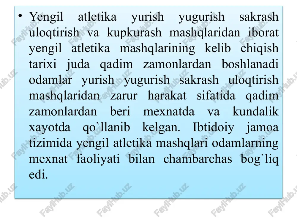 almashinishi ortadi. jismoniy mashq sifatida odatdagi yurishning avalo sog`lamlashtirishga ahamiyati bor. oddiy yurishdan tashqari yurishning boshqacha xillari ham buladi paxodda yurish safda yurish va sportcha yurish. musobaqalarda yurishning texnika jihatidan eng kiyin lekin eng foydali hili sportcha yurish qo`llaniladi uning tezligi oddiy yurishga nisbatan ikki marta ortiq yurish musobaqalari stadion yulkalarida va oddiy yo`llarda 3 km dan 50 km gacha masofada o`tkaziladi yurish musobaqasida qatnashuvchilar qoidasi belgilangan yurish texnikasi hususiyatlariga rioya qilishlari kerak. bularning eng asosiysi bir lahza bulsa ham ikkala oyoq bir vaqtda erdan o`zilib qolishiga yo`l quymaslikdan iborat. oyoqlardan birontasi erga tegmay turgan fursat sodir bulgudek bulsa, sportchi yurishdan yugurishga utgan hisoblanadi. bu qoidani bo`zgan sportchi mahsus sud`yalar musobaqadan chetlatadilar. yugurish - joydan joyga kuchishning tabiy usulidir. bu jismoniy mashqning ko`proq tarqalgan turi bulib, juda kup sport turlari (futbol, basketbol, tennis va boshqalar) tarkibiga kiradi. yugurishning juda kup xillari yengil atletika har xil turlarining organiq qismi hisoblanadi. shugullanuvchilarning …