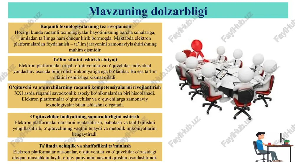 ni mavzuga oid adabiyotlar tahlili: eshqobilov s – “o‘quv tarbiya ishlarini boshqarishda axborot tizimlaridan foydalanish ”a.avloniy nomidagi milliy tadqiqot instituti. 2022-299-b maktab direktorlarining axborot texnologiyalaridan samarali foydalanish ko‘nikmasini rivojlantirish vositasi sifatida tahlil qilgan. time resolving green design networking awarness investment ibrat academy maktabda ta’limiy elektron platformalardan samarali foydalanish orqali ta’limni sifatini yanada yuqori bosqichga ko‘tarish mavzuning maqsadi: vazifalar: tahlil va ehtiyojni aniqlash maktabdagi mavjud texnik bazani (kompyuterlar, internet, planshetlar) o‘rganish. o‘qituvchilar va o‘quvchilarning raqamli savodxonlik darajasini baholash. qaysi elektron platformalarga ehtiyoj borligini aniqlash (google classroom, edupage, zoom, moodle va h.k.). rejalashtirish va platforma tanlash maktab sharoitiga mos, o‘zbek tilida ham ishlaydigan, qulay interfeysli platformani tanlash. platformaning imkoniyatlari (test tuzish, video dars, chat, hisobotlar) asosida foydalanish strategiyasini ishlab chiqish. o‘qituvchilarni o‘qitish va malaka oshirish maxsus seminar va treninglar orqali o‘qituvchilarga platformalardan foydalanishni o‘rgatish. ustoz-amaliyotchi (mentor) tizimini joriy etish: bosqichma-bosqich joriy qilish dastlab sinov tariqasida bir necha sinf yoki fan bo‘yicha platformani …