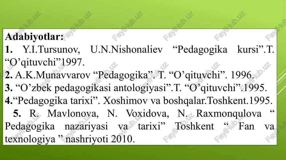 ib o`rganamiz. ta`lim-tarbiya tarixi tarbiya nazariyasi ta`lim nazariyasi maktabshunoslik pedagogika faniga tavsif berilganda «ta`lim», «tarbiya», hamda «ma`lumot» degan so`zlarni ishlatdik. bu so`zlar o`zaro bog’langan bo`lib, bir-birini to`ldiradi. ularni pedagogikaning asosiy kategoriya-tushunchalari deb nomlaymiz. bulardan tashqari «o`quvchi», «o`qituvchi», «metod», «intizom», «jamoa», «irsiyat», «muhit», «direktor» kabi tushuncha-nomlar mavjudki, bu haqida mavzular yuzasidan fikr yuritilganda alohida to`xtaymiz. tarbiya haqidagi g’oyalarning rivojlanishida imom buxoriy, at-termiziy, abu nasr forobiy, ibn sino, abu rayxon beruniy, yusuf xos xojib, axmad yassaviy, naqshbandiy, navoiy, behbudiy, abdulla avloniy va boshqalarning xizmatlari kattadir. pedagogika fanining metodologiyasida, mazmunida, tarbiya nazariyasida, ta`limning tashkiliy shakllarida, komillik darajasi, sifatlarini aniqlashda katta islohiy o`zgarishlar bo`ldi. bu o`zgarishlar yangi pedagogik texnologiyalarda o`z aksini topishi lozim. pedagogika fanining asosiy kategoriyalarini bilasizmi? pedagogikaning asosiy kategoriyalari. shaxs,tarbiya, ta`lim, bilim, ko`nikma, malaka,ma`lumot, rivojlanish. shaxs -ruxiy jihatdan taraqqiy etgan o`z xususiyatlari bilan boshqalardan ajralib turuvchi muayyan xulq atvor va dunyoqarashga ega bo`lgan jamiyat a`zosi. tarbiya - o`sib kelayotgan avlodlarda hosil qilingan …