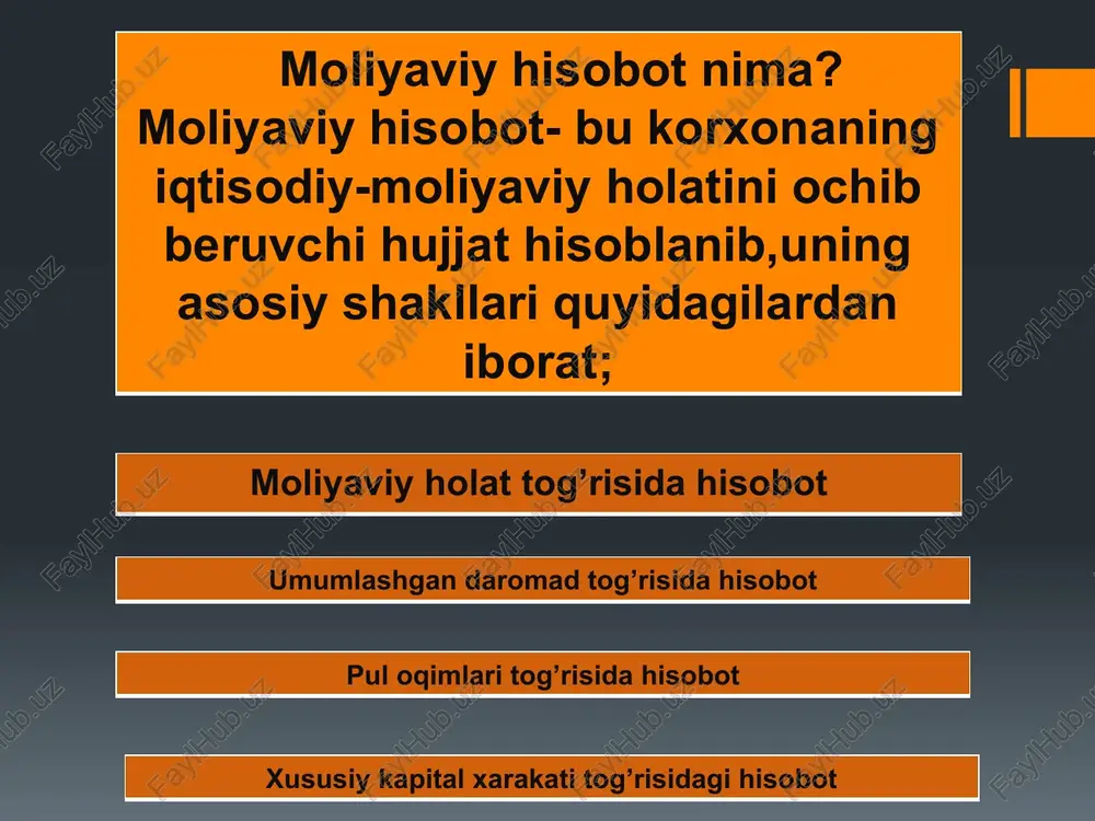 dalanuvchilarga — moliyaviy hisobotdagi ma’lumotlarni tahlil qilishda. 2. konseptual asos bhms hisoblanmaydi va uning ta’riflari biron-bir nizoli masalani baholash yoki tushuntirish uchun ishlatilmaydi. mazkur konseptual asosdagi mavjud qoidalar buxgalteriya hisobining alohida bir standartini rad etmaydi. 3. ayrim hollarda, agar konseptual asos va bhms o‘rtasida ziddiyatlar mavjud bo‘lsa, bhmsning talablari konseptual asos talablaridan ustun keladi, o‘zbekiston respublikasi moliya vazirligi bhmsni ishlab chiqishda mazkur konseptual asosni qo‘llaydi va ana shu ziddiyatlarni bartaraf etish chora-tadbirlarini ko‘radi. budjet tashkilotlarda budjet va budjetdan tashgari mablag' lar ijrosi boyicha oylik, choraklik va yillik moliyaviy hisobotlarni tuzish va taqdim qilish "o'zbekiston respublikasi davlat budjetidan mablag' bilan ta'minlanadigan tashkilotlarning davriy moliyaviy hisobotlarini tuzish, tasdiqlash hamda taqdim qilish bo'yicha qoidalar" ga (oz.r av, tomonidan 2011 yil 27sentyabrda 2270-son bilan ro yxatdan o'tgan) asosan tartibga solinadi. yillik moliyaviy hisobotlar hisobot yilidan keyingi yilning 1 yanvar holatiga tuziladi. choraklik moliyaviy hisobotlar hisobot yilining 1 aprel, 1 lyul va 1 oktyabr holatiga, …