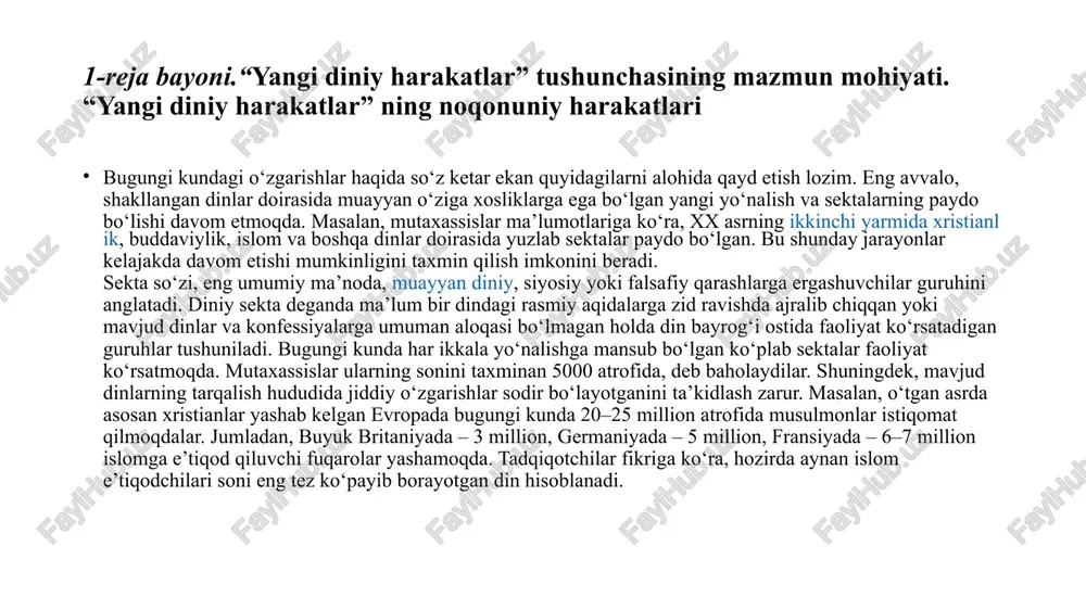 da musulmonlar istiqomat qilmoqdalar. jumladan, buyuk britaniyada – 3 million, germaniyada – 5 million, fransiyada – 6–7 million islomga e’tiqod qiluvchi fuqarolar yashamoqda. tadqiqotchilar fikriga ko‘ra, hozirda aynan islom e’tiqodchilari soni eng tez ko‘payib borayotgan din hisoblanadi. birlashgan millatlar tashkiloti ma’lumotlariga ko‘ra, islomning yillik o‘sish sur’ati 6,4 foizni tashkil etib, 1989 yildan 2011 yilga qadar musulmon aholi soni shimoliy amerikada – 25, afrikada – 2,15, osiyoda – 12,57, evropada – 142,35, avstraliya va okeaniyada – 257,01 foizga ko‘paygan. faqat lotin amerikasida islomga e’tiqod qiluvchilar ulushi 4,73 foizga kamaygan. bunday o‘zgarishlar, bir tomondan, globallashuv keltirib chiqarayotgan odamlar migratsiyasi natijasida, ikkinchi tomondan, kishilarning buddaviylik, ko‘pgina hollarda va asosan islomni ongli tarzda qabul qilishi bilan bog‘liq. shuningdek, aholisi an’anaviy ravishda buddaviylik va islomga e’tiqod qilib kelgan o‘lkalarda xristianlikni yoyishga intilish kuzatilmoqda. bmt ma’lumotlariga ko‘ra xristianlikning o‘sish ko‘rsatkichi yiliga 1,46 foizni tashkil qiladi. mazkur jarayon ayrim xristian tashkilotlari va yo‘nalishlarining faol missionerlik harakati natijasida …