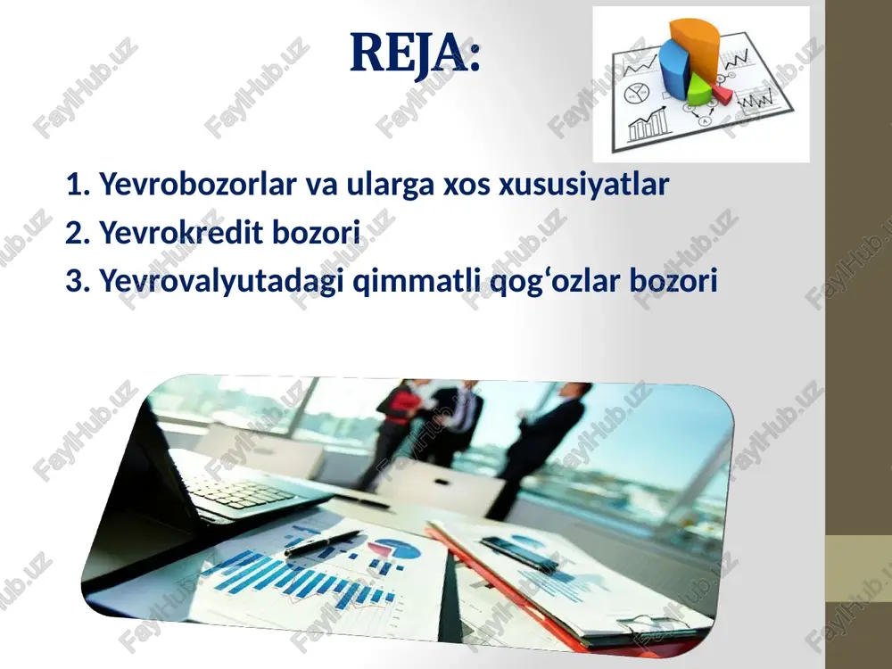rkin ta’minlanishiga sharoit yaratib beradi. ushbu bozor korxona va tashkilotlarning moliyaviy resurslarga bo‘lgan ehtiyojini bir mamlakat ichidagi, ya’ni juda kam imkoniyatlar mavjud bo‘lgan va nisbatan qattiq tartibga solinadigan kapital bozoridan emas, balki turli qiyinchiliklar yoki turli murakkabliklardan ancha holi bo‘lgan, erkin bozor iqtisodiyoti tamoyillari amal qiladigan bozor – yevrobozordan qondirishi mumkin. yevrobozor – xalqaro va milliy moliya bozorining bir qismi bo‘lib, unda kreditlar va qarzlar bo‘yicha operatsiyalar yevrovalyutalarda amalga oshiriladi. yevrovalyutalar bozori o‘z ichiga banklararo bitimlarni va bankning mijozi bo‘lmagan shaxslar bilan amalga oshiriladigan operatsiyalarni ham qamrab oladi. yevrovalyutalar bozorining asosiy xususiyati undagi foiz stavkalar jahonda yetakchi moliyaviy markazlarning banklararo foiz stavkalari asosida shakllangan bo‘ladi. odatda bu london banklararo foiz stavkasi hisoblanadi. 1950- yillar oxirida yevrovalyuta bozori shakllana boshlagan. hozirgi kundagi yevrodollar bozorining avvalgi yevrodollar bozoridan farqli jihatlari quyidagilarda namoyon bo‘ladi: - xalqaro foiz stavkalarining mavjudligi; - bozor ishtirokchilari soni va operatsiyalarining ko‘pligi; - aqshdan tashqarida dollardagi depozitlarning kamayishi. yevrovalyuta …