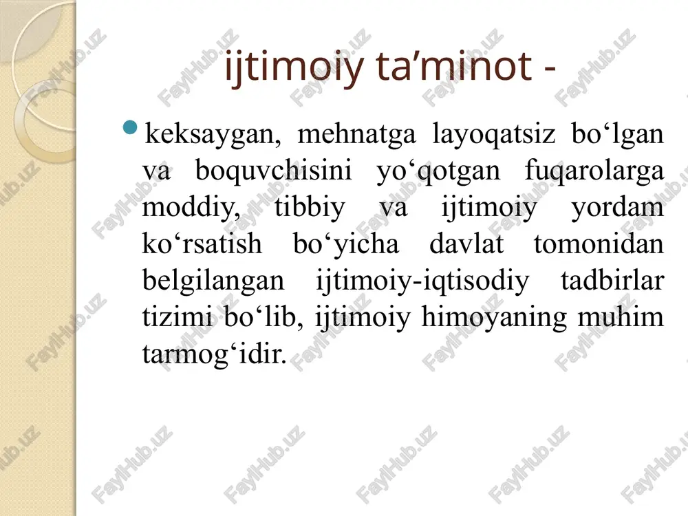 u huquqlarni belgilab bergan 39-moddasining mazmunidan ham ko‘rinib turibdiki, ijtimoiy ta’minot fuqarolarning alohida toifalariga: qariyalar, nogironlar, bolalikdan nogironlar, boquvchisini yo‘qotgan fuqarolar, vaqtinchalik mehnat qobiliyatini yo‘qotgan fuqarolar, homilador ayollar, vaqtincha ishsiz maqomi berilgan fuqarolar, ijtimoiy yordamga muhtoj yolg‘iz fuqarolarga qaratiladi. ijtimoiy ta’minot xizmatlari turlari barcha turdagi pensiyalar, ijtimoiy nafaqalar, turli kompensatsion to’lovlar fuqarolarning alohida toifalariga tibbiy yordam va davolash xizmatlari fuqarolarning alohida toifalariga imtiyozlar uy-internatlarda keksa va mehnatga layoqatsiz fuqarolarga qarash va xizmat ko’rsatish nogironlarni ortopediya-protez buyumlar va harakatlanish vositalari bilan ta’minlash bolalar uylari, internatlar va boshqa muassasalarda bolalarga qarash va ularni tarbiyalash nogironlarni ishlab chiqarish va kasbiy reabilitatsiya qilish aholiga sanatoriya-kurort xizmatlari ko’rsatish imtiyozli aholi qatlamlarini dori-darmonlar bilan ta’minlash uyda ijtimoiy xizmat ko’rsatish va boshqalar ijtimoiy ta’minot xizmatlari ijtimoiy ta’minotning shakllaridan biri fuqarolarning ayrim toifalari va guruhlariga beriladigan ijtimoiy nafaqalar hisoblanadi. ijtimoiy nafaqalarni tayinlash, hisoblash va to‘lash ishlari tegishli me’yoriy hujjatlar bilan tartibga solinadi. shuningdek, nafaqa to‘lash bilan bog‘liq bo‘lgan …