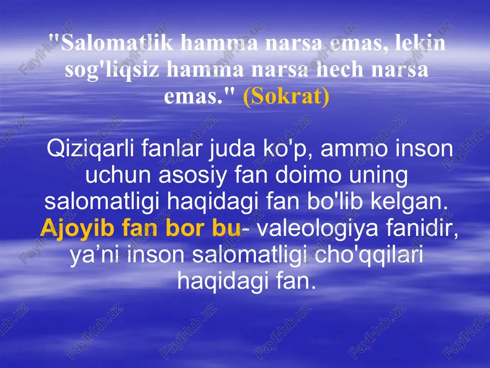 predmeti, usullari, maqsadi, vazifalari, shakllanish tarixini belgilaydi. tibbiy valeologiya. salomatlik va kasallik o'rtasidagi farqni aniqlaydi. aholining salomatlik holatini baholash usullari va mezonlarini, organizmning zahira imkoniyatlaridan foydalanish usullarini ishlab chiqadi. salomatlik va salomatlik bo'yicha tavsiyalarni ishlab chiqadi. 3.pedagogik valeologiya - yosh avlodni shaxsiy sog'lig'iga qadrli, ongli munosabatda tarbiyalash. bolalarga salomatlikni saqlash usullari va vositalarini o'rgatish, ularning jismoniy holatini baholash va tananing funktsional imkoniyatlaridan foydalanish. 4. yoshga bog'liq valeologiya - inson salomatligining yoshga bog'liq rivojlanish xususiyatlarini o'rganadi. 5. ekologik valeologiya - tabiiy omillarning inson salomatligiga ta'sirini o'rganadi. 6. ijtimoiy valeologiya - ijtimoiy omillarning inson salomatligiga ta'sirini o'rganadi "salomatlik - bu nafaqat kasallik yoki nogironlikning yo'qligi, balki to'liq jismoniy, ruhiy va ijtimoiy farovonlik holati“ (jsst) "inson salomatligi - bu insonning aqliy, fiziologik, biologik xususiyatlarini, uning optimal mehnat qobiliyatini, faol hayotning maksimal davomiyligi bilan ijtimoiy faolligini saqlash va rivojlantirish jarayoni". (v.p.kaznacheev) jahon sog'liqni saqlash tashkiloti ekspertlari dunyo aholisining ijtimoiy-gigiyenik va tibbiy so'rovlari materiallarini tahlil …