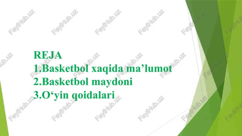 azovor bo‘ldi. 3. uyin qoidasining buzilishining turlari: - aut – to‘p maydon tashqarida yerga tushsa (autga); - to‘p bilan yugurish – to‘pni egalayotgan o‘yinchi, to‘pni qo‘llari bilan ushub turgan xolda, 2 qadamdan ortiq qilgan bo‘lsa yoki to‘pni yerga urmay tayanch oyoqini yerdan ko‘targan bo‘lsa. - to‘pni olib yurganda – o‘yinchining qo‘li to‘pni olib borayotgan paytda to‘pning ostida bo‘lsa. - to‘pni ikki marta olib borish – o‘yinchi to‘pni olib boriyotganida, yerga urishini to‘xtatib, qo‘lga ushlab tursa va qayta yerga urib olib yursa. (izox: o‘yinchi to‘pni olib borishini to‘xtatsa, uni jamoadoshiga uzatadi, yoki xalqaga otish kerak). - 3 soniyali qoida – xujum qilayotgan jamoaning o‘yinchisi raqib jamoaning jarima maydonchasida 3 soniyadan ko‘p turishi mumkin emas. - 8 soniyali qoida – xujum boshlayotgan jamoaga to‘pni markaziy chiziqdan o‘tkazish uchun 8 soniya beriladi. 24 soniyali qoida – xujum qilayotgan jamoaga to‘pni otish uchun 24 soniya beriladi. agar 24 soniyaning ichida xalqaga tashlanmasa va otilishlan …