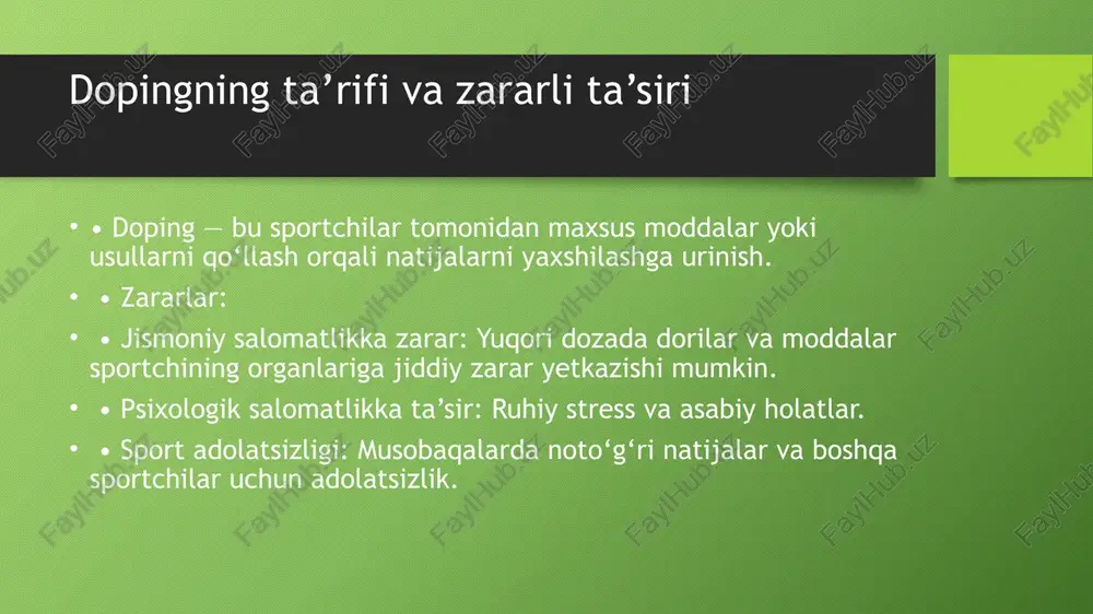 milliy qonunchilik: har bir davlatda dopingga qarshi kurashish uchun o‘z qonunlari ishlab chiqiladi. doping tekshiruvlari va tahlil jarayoni • sportchidan namunalar olish: doping nazorati sport musobaqalari davomida qon yoki siydik namunalarini olish orqali amalga oshiriladi. • laboratoriyada tahlil qilish: namuna laboratoriyalarida analiz qilinadi va doping mavjudligi aniqlanadi. • natijalar: agar doping mavjud bo‘lsa, sportchi jazo choralariga tortiladi. dopingni qo‘llaganlik uchun jazo choralari • xalqaro sportda jazo choralari: • musobaqadan chetlatish: sportchi doping ishlatganligi uchun musobaqalardan uzoqlashtiriladi. • mukofotlarni olib qo‘yish: dopingni ishlatgan sportchidan sovrinlar va medalalar olinadi. • litsenziya bekor qilish: doping ishlatgan sportchining sport faoliyatini to‘xtatish. • moliyaviy jarimalar: doping ishlatgan sportchilar uchun jiddiy moliyaviy jarimolar qo‘llaniladi. xalqaro sportda dopingni qo‘llashning jazo muddatlari • birlamchi doping holatlari: • birinchi marta doping ishlatgan sportchiga 2 yildan 4 yilgacha jazo beriladi. • takroriy doping holatlari: • agar sportchi yana doping ishlatsa, jazo muddatlari yanada og‘irlashtiriladi (5 yildan 8 yilgacha). • tugallangan …