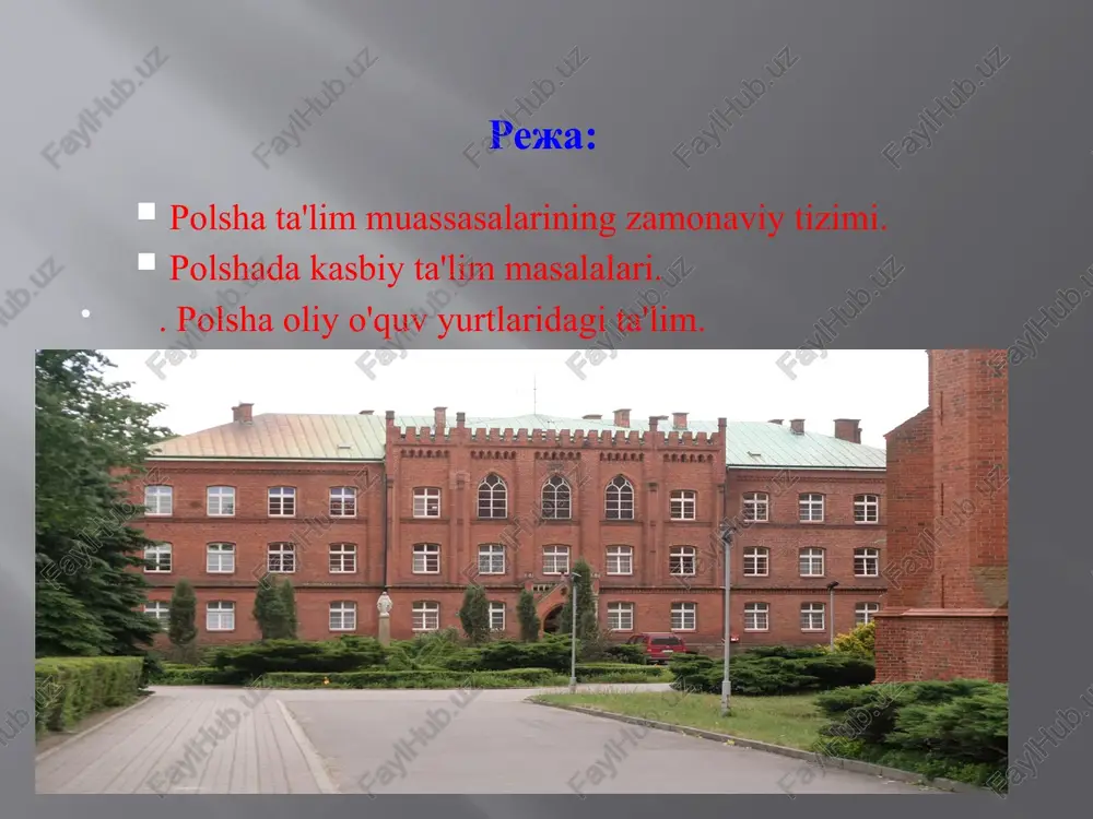 lashtiriladi.(gmin-polshadagi eng kichik ma'muriy birlik). gminlar o'quvchilar uchun doimiy dotatsiyalarni oladilar. xususiy maktablar ochish imkoniyatlari bor, bunda shaxsiy pul mablag'laridan tashqari davlat dotatsiyasini ham olish mumkin. maktablar ustidan pedagogik nazoratni kuratoriyalar amalga oshiradilar. boshlang'ich maktab majburiy bir yillik maktabgacha tayyorgarlik: bog'chada yoki maktabda. bolalar 7 yoshdan o'qishni boshlashadi. o'qish 6 yil davom etadi va imtihon bilan yakunlanadi. o'qish ikki bosqichda bo'ladi: birinchi bosqich 1-3-sinflarni qamrab oladi.o'qituvchi o'quv dasturini o'quvchilarning o'zlashtirish imkoniyatlaridan kelib chiqib amalga oshiradi. ikkinchi bosqich 4-6-sinflarni o'z ichiga oladi, o'qitilayotgan fanlar an'anaviy va blokli fanlarga bo'linadi. bunda polyak tili, tarix, matematika, chet tili kabilar an'anaviy o'quv fanlariga, ximiya, biologiya, geografiyani o'zida birlashtiruvchi tabiat fani blokli fanlarga kiradi. dars 45 minut davom etadi. o'quvchi maktabni 6-sinfdan keyin majburiy imtihonlarni topshirish bilan yakunlaydi. 8 gimnaziya ta'lim 3 yil davom etadi. gimnaziya 3 bosqichli imtihon topshirish bilan yakunlanadi: gumanitar fanlar bo'yicha, matematika va tabiat bo'yicha, chet tili bo'yicha. litsey, texnikum o'rta …