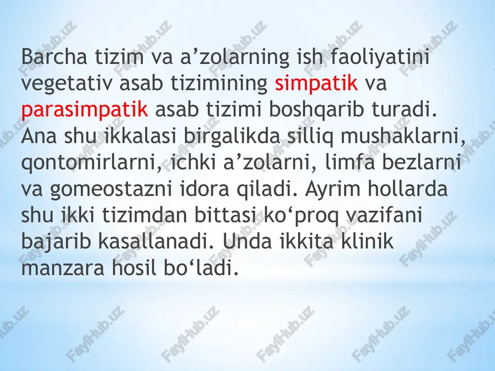 ntomirlarning o‘tkazuvchanligini oshirib yuboradi. natijada bosh miya va uning pardalaridagi miya qontomirlari shisha boshlaydi. bu kasallik, asosan, balog‘atga yetgandan keyin ko‘proq uchraydi. kasallik boshlanishidan oldin aura, ya’ni dastlabki belgilar paydo bo‘ladi. bularda ko‘z oldida har xil narsalarning paydo bo‘lishi, qo‘l va oyoqlarda sovuq qotish, har xil paresteziya kuzatiladi. xuruj qattiq bosh og‘riq bilan boshlanib, boshning yarmida ko‘proq chakka qismida, ko‘zlarda, peshona — ensa qismida bo‘ladi. og‘riq qattiq bo‘lib, bemor yorug‘likka, tovushga nisbatan bezovta bo‘ladi. bemorning kayfiyati yomon bo‘lib, bir o‘zi qorong‘ilikda yotishga harakat qiladi. xuruj vaqtida ko‘ngil aynishi, yuzi, ko‘zlari qizargan bo‘lib, xuruj qusish bilan yakunlanadi. bemor uxlashga harakat qiladi. xuruj vaqtida mahalliy miya belgilari topilmaydi, faqat vegetativ asab tizimida o‘zgarishlar bo‘ladi. xuruj bir necha daqiqadan bir necha soatgacha davom etadi. migrenning turlari 1. ko‘z xilida ko‘z oldida har xil narsalar paydo bo‘ladi. bunda ko‘z oldi tuman bilan qoplanib, bosh og‘riq xuruji bilan o‘tadi. bu xuruj 6 soatgacha davom etadi. …