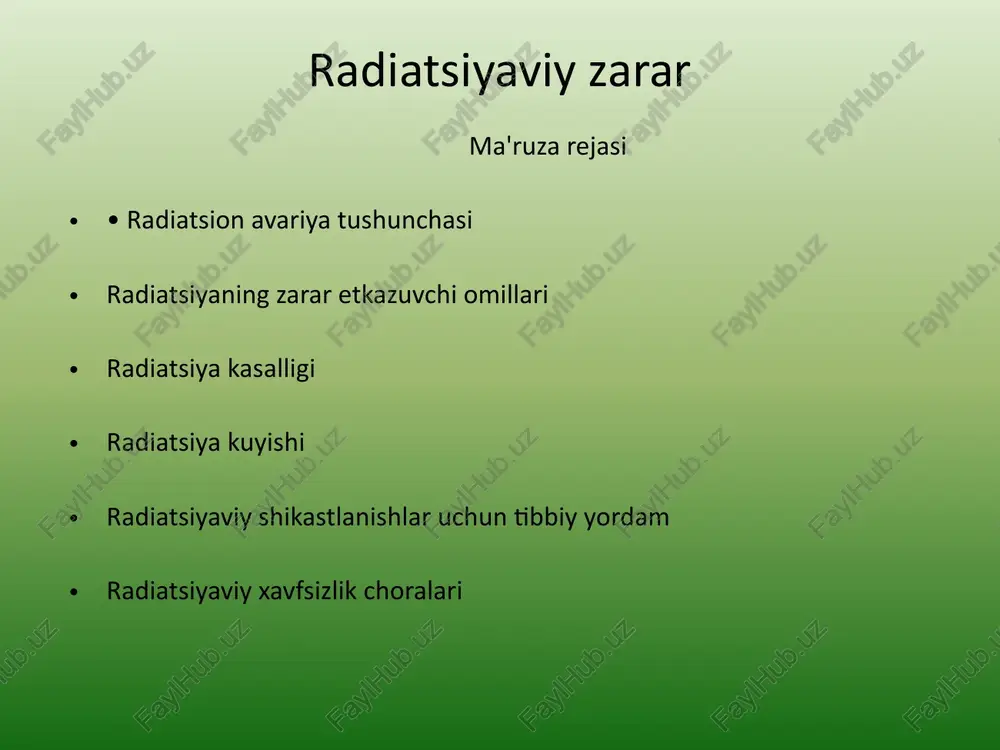 reys bilan o'lchanadi. alfa nurlari 0,1 mm chuqurlikka kiradi (qog'oz bilan kechiktiriladi), ularning havodagi diapazoni 5-10 sm ni tashkil qiladi, ammo tanaga kirganda ta'siri maksimal darajada salbiy. beta nurlari 5-7 mm chuqurlikka kiradi (deraza oynasi bilan kechiktiriladi), ularning havodagi diapazoni 10-20 m. gamma nurlari butun inson tanasining chuqurligiga kiradi, havodagi masofa 1,5 km gacha. hududning radioaktiv ifloslanishi radioaktiv moddalar yadroviy portlash bulutidan tushganda paydo bo'ladi. farqlash: - boshlang'ich nurlanish (radiaktiv fokusdan to'g'ridan-to'g'ri nurlanish) qoldiq radiatsiya (radiaktiv bulutdan radiatsiya) induktsiyalangan radiatsiya (ifloslangan atrof-muhit omillari - suv, oziq-ovqat va boshqalar) radiatsiya kasalligi ionlashtiruvchi nurlanish ta'sirining patogenezi radioaktiv nurlanish organizmda erkin radikallar va peroksid birikmalarining shakllanishiga olib keladi, bu metabolik jarayonlarning borishini buzadi, bu esa normal hayot uchun odatiy bo'lmagan moddalarning to'planishiga olib keladi. radiatsion toksikoz mavjud. avvalo, ular ta'sir qiladi: - limfa va gematopoetik to'qimalarning hujayralari jinsiy bezlar ichak epiteliysi teri epiteliyasi nurlanish kasalligining tasnifi o'tkir nurlanish kasalligi - bir vaqtning o'zida …