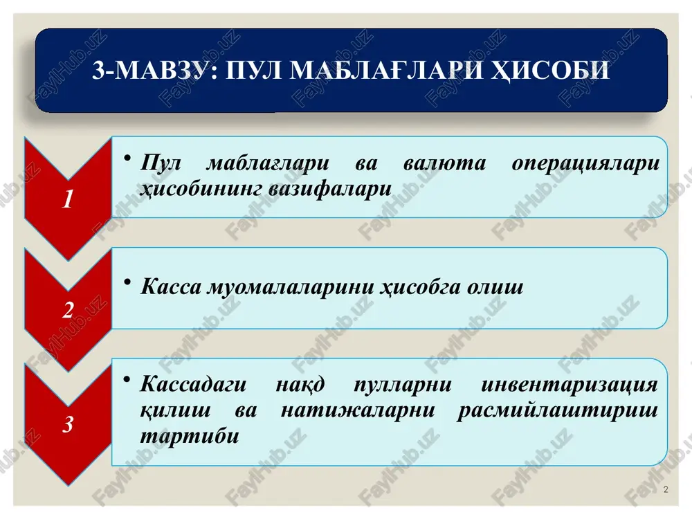 ilish; pul resurslarining harakat oqimini prognozlash va pul mablag'larining harakat oqimini maqbul holga keltirishni tartibga solish bo'yicha tegishli boshqaruv qarorlarini tayyorlash. pul mablag'lari bo'yicha buxgalteriya hisobining asosiy vazifalari pul mablag'lari holati va xarakati ustidan doimiy nazorat olib borish va tegishli tartibda xujjatlashtirish pul mablag'larini o'z vaqtida kassadan bankka topshirilishini nazorat qilish kassada pul mablag'larining belgilangan minimal miqdoridan ko'p turib qolishiga yo'l qo'ymaslik pul mablag'laridan maqsadli foydalanishni nazorat qilish pul mablag'lari bo'yicha moddiy javobgarlikni o'rnatish va belgilangan muddatlarda inventarizatsiyadan o'tkazish pulning jamiyatdagi va uning muhim yacheykasi bo'lgan korxonalardagi o'rni u tomonidan bajarilayotgan qiymat o'lchovi, to'lov vositasi, muomala vositasi va jamg'arish vositasi kabi funktsiyalarida namoyon bo'ladi hamda buxgalteriya hisobining o'ta muhim ob'ektlaridan biri ekanligidan ham dalolat beradi. pul mablag'lari nazoratini tashkil etishning asosiy elementlaridan biri bu korxonaning hisob-rakamidir, ya'ni hisob-raqamdan samarali foydalanishni maksimal darajada ta'minlash, barcha kirib kelayotgan pul mablag'larini albatta bank orqali hisobga olish, barcha turdagi to'lovlarni banklar chiqargan cheklar yoki …