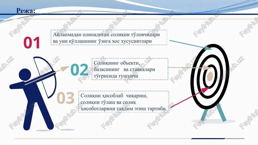 ydan keyingi oyning 1 sanasidan boshlab qqs to'lovchisi sifatida hisobga turishi shart yangi ro'yxatdan o'tgan yuridik shxs 2020 yili oxiriga qadar 50 kun faoliyat ko'rsatgan. yuridik shaxsning jami daromadi 250 mln. so'mni tashkil etgan. korxona 2021 yil 1 yanvardan boshlab qanday tartibda soliq to'laydi? savol: ushbu summa 1 mlrd.so'mni 365 kunga bo'lib, yuridik shaxsni faoliyat ko'rsatgan kunlari (ya'ni 50 kun)ga ko'paytirganda hosil bo'ladigan summa 136 986 301 so'mdan ortiq.) soliq kodeksining 462-moddasiga asosan mazkur yuridik shaxs 2021 yil 1 yanvar oyidan boshlab foyda va qqs soliqlarini to'lashga o'tadi. echimi: vaziyatli masala: 15 aylanmadan olinadigan soliqni qo'llashning o'ziga xos xususiyatlari ixtiyoriy qqs va foyda solig'ini to'lashga o'tgan yuridik shaxslar soliq davri yakunlari bo'yicha jami daromadlari 1mlrd. so'mdan oshmagan bo'lsa aylanmadan olinadigan soliqni to'lashga kamida 12 oydan keyin qayta o'tishga haqli ushbu soliqni to'lashga o'tmoqchi bo'lganlar, 2020 yil 21 dekabrdan kechiktirmay soliq organlariga bildirishnoma yuborish lozim. my.soliq.uz portalidagi «elektron hisobot» tarkibida ko'rsatilgan …