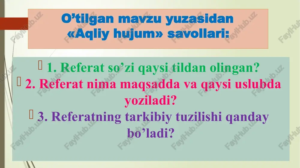 ilab ketish. daholik buyuk iqtidor va yuksak ijtimoiy ong mahsulidir. daholar fan-texnika, madaniyat, xususan, badiiy ijodiyot sohasida muayyan millat, davlat miqyosida emas, balki umumbashar, jahon miqyosidagi muhim kashfiyotlar qilishga, ilmiy, badiiy asarlar yaratishga qodir bo’ladi. 7 taqriz nima? taqriz – (arabcha ijobiy baho). ilmiy ish yoki adabiy-badiiy asarning u e’lon qilinishidan oldingi yozma tahlili; adabiy tanqid janri. taqriz nima? taqriz - badiiy, ilmiy, metodik va boshqa asarlarga berilgan bahodir. taqrizda asar tanqidiy tahlil etiladi, shu nuqtai nazardan baholanadi. asarning yutuqlari ham, nuqsonlari ham ko‘rsatiladi. taqrizchi o‘zining da’volarini turli dalillar asosida isbotlay boradi, asarga ilmiy izohlar beradi. taqriz nima? taqriz yozish odobi xolislikni, haqiqatdan chetlashmaslikni talab etadi. taqriz qilinayotgan asarning yutuq va kamchiliklari, nazariy va amaliy ahamiyati haqqoniy ko‘rsatilishi lozim. asarga baho berishda muallifning shaxsiyati, obro‘si emas, balki uning (asarning) xususiyatlari, ahamiyati ko‘zda tutiladi. taqriz quyidagi maqsadlarda tayyorlanadi: 1) maqola, biror kitob uchun yozilganda uni nashrga tavsiya etish; 2) bmi yoki …