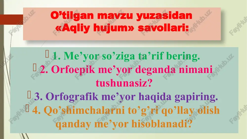 rifraza, sinekdoxa, giperbola, litota, intoq, ironiya (kinoya) va boshqa poetik figuralar kiradi. badiiy tasvir vositalari: oksyumaron – mantiqan biri ikkinchisini inkor etadigan, bir-biriga qarama-qarshi bo’lgan ikki tushunchani o’zaro qo’shishdan iborat stilistik figura: o’lik jonlar, tirilgan murdalar, baqirgan sukunat, nozik g’am, bo’sh mahkam. badiiy tasvir vositalari: anafora – misralar boshida bir so’zni takrorlanishi: butun qarashlarni, barcha sezgini, butun irodani, butun sevgini besh yillik safarin iziga burdik (h.olimjon). epifora – ayni bir so’zni misralar oxirida takrorlanishi: orzu bilan tirikdir odam, ishi bilan buyukdir odam (shuhrat). badiiy tasvir vositalari: giperbola – biror narsa-hodisani bo’rttirish, kuchaytirish: sarhovuzdan katta edi kosasi. litota – biror narsa-hodisani kichraytirish: bo’yung sarvu sanubardek beling qil, vafo qilg’on kishilarga vafo qil. 1-topshiriq: mazkur ko’chim turlarining har biriga ikkitadan misol yozing. metafora metonimiya sinekdoxa ironiya 2-topshiriq. mazkur gaplarda qanday tasviriy vositalardan foydalanilganligini toping. 1. bebosh yaproqlarning shivir-shiviri, mungli yomg’ir kuyi, mayin harir maysalar, injiq shamol, siz soddagina daraxtlarim va men egilishni …