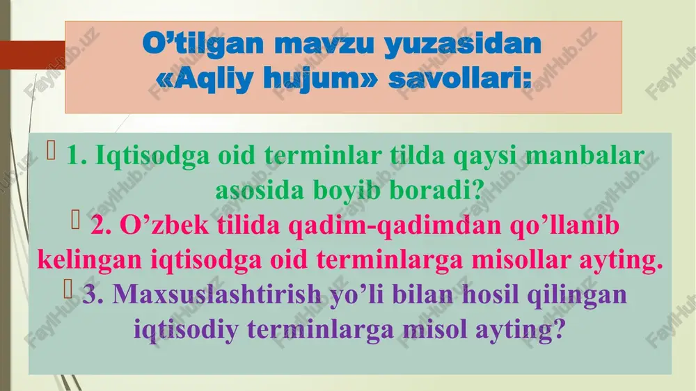 uyruqlari hamda qarorlari; mahalliy davlat hokimiyati organlarining qarorlari. «ish yuritish tili va uslubi» mavzusi yuzasidan savollar: 4. hujjat deb nimaga aytiladi? 5. tashkilot, korxona, muassasalarda hujjat aylanishi deyilganda nima nazarda tutiladi? hujjat nima? hujjat (arab. “guvohnoma, isbot, dalil”) – axborot qayd etilgan hamda uni vaqt va makonda uzatish imkonini beruvchi moddiy obyekt. hujjatlar tarixiy manba, dalillovchi yoki guvohlik beruvchi vosita bo’lib xizmat qilishi mumkin. hujjat aylanishi nima? hujjat aylanishi – hujjatlarning muassasada ularning yaratilishi yoki qabul qilinishidan boshlab ijrosi yakunlangunga yoki jo’natilgunga qadar harakatlanishi demakdir. hujjat aylanishi quyidagi bosqichlardan iborat: 1) tashkilotga kelib tushgan hujjatlarni ko’zdan kechirish va ro’yxatga olish; 2) hujjat ijrochisini aniqlash va hujjat mazmuni va u bilan ishlash bosqichlarini belgilash; 3) hujjatni o’z vaqtida ijro qilish, javob xatlarini tuzish va rasmiylashtirish; 4) hujjat ijrosini nazorat qilish; 5) hujjat ijrosi yakunlangach, uni hujjatlar yig’ma jildiga tikish. tashkilot, muassasa va korxonalarda hujjat aylanish jarayonini quyidagilar tashkil qiladi: 1. kirish …
