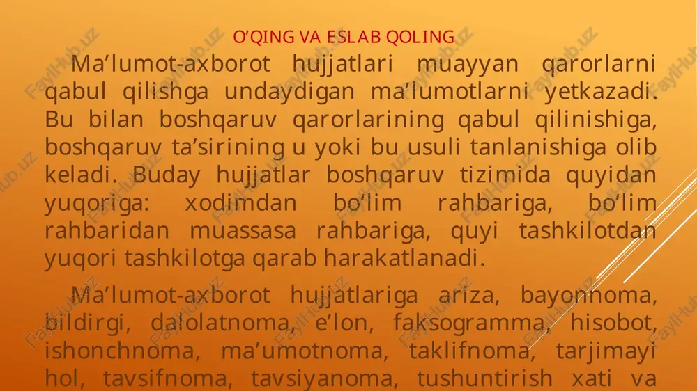 rot. ichki bildirgi – bevosita rahbar yoki bo‘liim mudiri nomiga yo‘llanadi. hujjat uni yozgan xodim tomonidan imzolanadi. tashqi bildirgi – mansabdor shaxs tomonidan yuqori idora rahbarlaridan biri nomiga yoziladigan hujjat bo‘lib, uning ikkinchi nusxasi muassasaning o‘zida qoladi. berilgan topshiriqni bajaring 313-314-betlarda berilgan tavsifnoma matnini mustaqil ravishda o‘rganing. shaxsni tavsiflash vositalari yordamida do‘stingizning faoliyatiga tavsif bering. bunda 9-topshiriqda berilgan birliklardan boydalaning. sonning nomini, narsa-buyumning son-sanog’ini, tartibini bildirgan so’zlar turkumi son deyiladi. son so‘roqlari qancha? necha? nechanchi? nechta? sanoq son dona son chama son jamlovchi son taqsim son kasr son sonlar ma’no va gram.jihatdan 2 guruhga bo’linadi tartib son miqdor son sonlar tuzilish jihatidan 4 turga bo’linadi 1. sodda sonlar bir o’zakdan iborat bo’ladi: bir, uch. 2. qo’shma sonlar ikki yoki undan ortiq sonning birga yozilishidan tuziladi: o’n uch, bir yuz o’n sakkiz. 3. juft sonlar ikkita turli o’zakning juftlashishidan tuziladi: besh-olti, uch-to’rt. 4. takroriy sonlar bir o’zakning takrorlanishidan tuziladi: ikki-ikki, beshta-beshta. …