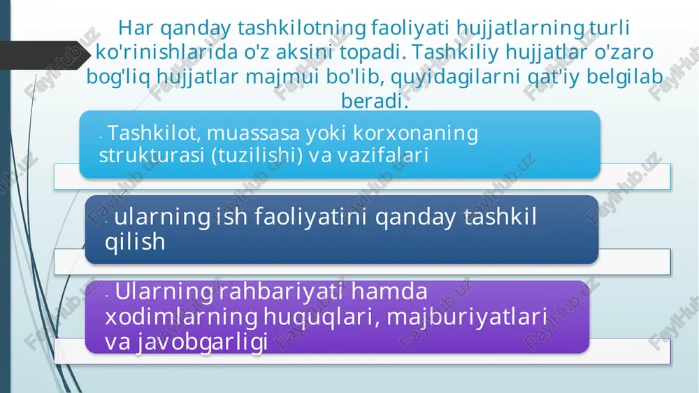 di-sotdi, hadya qilish shartnomalari va boshqalar. n i z o m bo'linmalar tuzilishi, huquqlari, vazifalari, burchlari, ishni tashkil qilish tartibotini belgilaydigan huquqiy hujjat. shu bilan birga, nizom tashkilot yoki muassasaning haqiqiy maqomi, uning boshqa organlar, tashkiot va muassasalar hamda fuqarolar bilan munosabatlarini belgilaydi. nizom muassasa tashkil topishi paytida tuziladi va yuqori tashkilot buyrug‘i bilan belgilanadi. nizomning zaruriy qismlari: tasdiqlash ustxati. nizom – tashkilot yoki uning tarkibiy muassasa (tarkibiy qism) nomi. hujjat nomi. hujjat matni: - muassasa tuzilishining maqsad va vazifalari; - asosiy vazifalari; - muassasa tuzilishi (strukturasi) - muassasa huquqlari; - muassasada ishlarni tashkil qilish tartiboti. 5. sana va joy. kirish qismi bo’limlar va kichik bo’limlar. yakuniy qism yo’riqnoma - qonun yoki boshqa normativ hujjatlarni tushuntirish maqsadida tuziladigan huquqiy hujjat bo‘lib, davlat organlari tomonidan chiqariladi. yo‘riqnomaning asosiy qismlari quyidagilar: tasdiqlash nusxasi hujjatning sarlavhasi, nomi (yo’riqnoma) matn yo’riqnoma tuzuvchining lavozimi, ismi, familiyasi, imzosi yo‘riqnoma tuzilgan vaqt, uning tartib raqami jadvalda keltirilgan …
