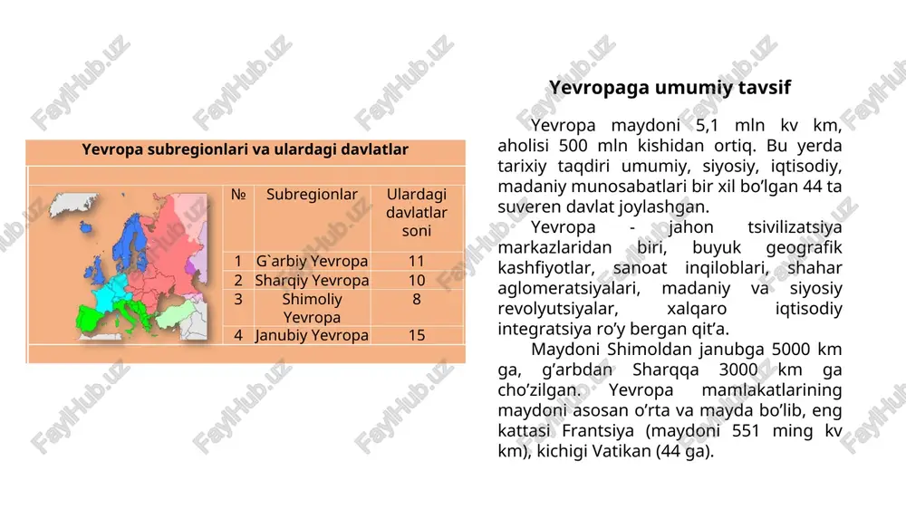 , gretsiya), monarxiyalar ham (buyuk britaniya, belgiya, daniya), federativ (avstriya, shveytsariya) davlatlar ham bor. xorijiy yevropada sanoatning rivojlanishiga imkon beruvchi tabiiy sharoit va resurslar ko’p jihatdan foydali qazilmalar bilan bog’liq. yirik foydali qazilmalar quyidagi havzalarda to’plangan: toshko’mir rur (gfr) va yuqori sileziyada (polsha), neft-gaz shimoliy dengiz havzasida, temir lotaringiya (frantsiya) va karuna (shvetsiya)da. foydali qazilma turlarining ayrim mamlakatlarda to’la emasligi hududning tektonik tuzilishi bilan bog’liq. xorijiy yevropaning gidroenergetika resurslari asosan alp, dinara va skandinaviya tog’lari joylashgan hududlarga to’g’ri keladi. masalan, norvegiya. xorijiy yevropada bir qator harbiy, siyosiy-iqtisodiy blok va tashkilotlar mavjud: nato – shimoliy atlantika harbiy tashkiloti. 1949 yil tuzilgan harbiy-siyosiy blok. shtab kvartirasi bryusselda, 15 mamlakat a’zo. varshava shartnomasi - harbiy-siyosiy tashkiloti 1955 yil 14 mayda tuzilib, 7 mamlakat a’zo bo’lgan. yevropa iqtisodiy hamkorligi yoki “umumiy bozor” siyosiy-iqtisodiy tashkiloti. 1957 yil 27 martda rimda tuzilgan. eihga dastlab 6 ta mamlakat a’zo bo’lgan. hozirda ularning soni 27ta. 1972 yil buyuk …