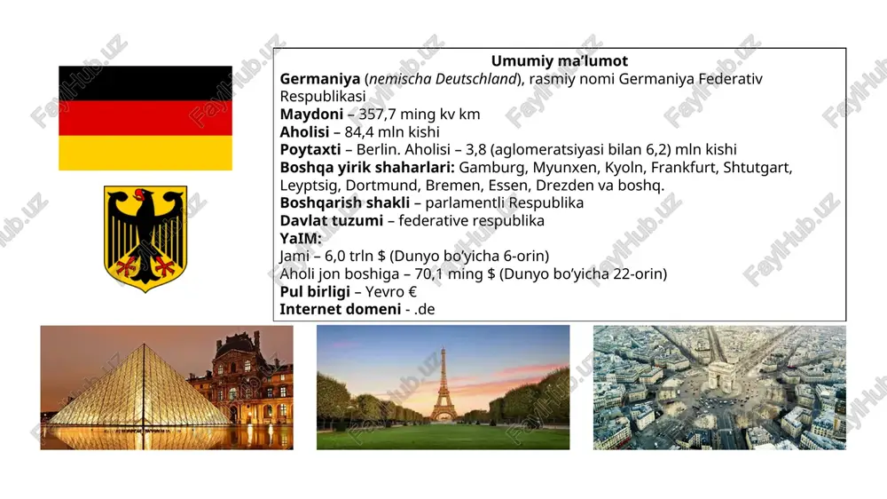 arka oʻtkazuvchi markazlarning (gannover, kyoln, frankfurt-na-mayne, leyptsig va boshq.) shakllanishiga shart- sharoitlar hozirlagan. geografik joylashgan o’rni relyefi relefi jihatidan xilma-xil boʻlib, shimolda tekislik, janubga tomon koʻtarilib boradi. mamlakatning shimolida shimoliy german pasttekisligi, mamlakat markazida oʻrtagerman tog’lari (shvartsvald, shvab albi, frankon albi, reyn slanetsli tog’lari), janubda bavariya yassi tog’ligi va alp (eng baland nuqtasi 2962 m) tog’lari joylashgan. tsugshpitse cho’qqisi – 2962 m foydali qazilmalardan oʻrtacha balandlikdagi tog’larda – temir rudasi, polimetall, shimoliy german pasttekisligida - neft va tabiiy gaz (34 mlrd m3 ortiq) bor. g’arbiy yevropa mamlakatlari oʻrtasida toshkoʻmir va qoʻng’ir koʻmirga (1-oʻrinda turadi) boy. toshkoʻmirning asosiy havzalari – rur, saar va axen boʻlib 2/3 qismi yuqori sortli kokslanuvchi koʻmirdir. qoʻng’ir koʻmirning aniqlangan zahiralari (80 mlrd t.). sharqiy (lauzitsk va oʻrtagerman havzasi) va g’arbiy germaniyada (quyi reyn) qoʻng’ir koʻmir ochiq usulda qazib olinadi. shuningdek, uran, tosh tuz, kaliyli tuzlar, magniy, qurilish materiallari va oyna sanoati resurslariga ega. foydali qazilmalari iqlimi …